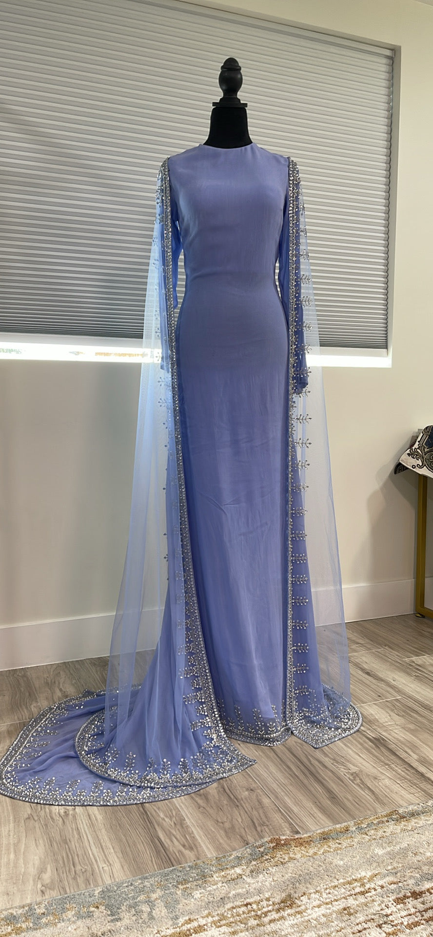 Asiyah's Collection - Light Blue Handmade Evening Gown with Cape Sleeves and Train - Dress