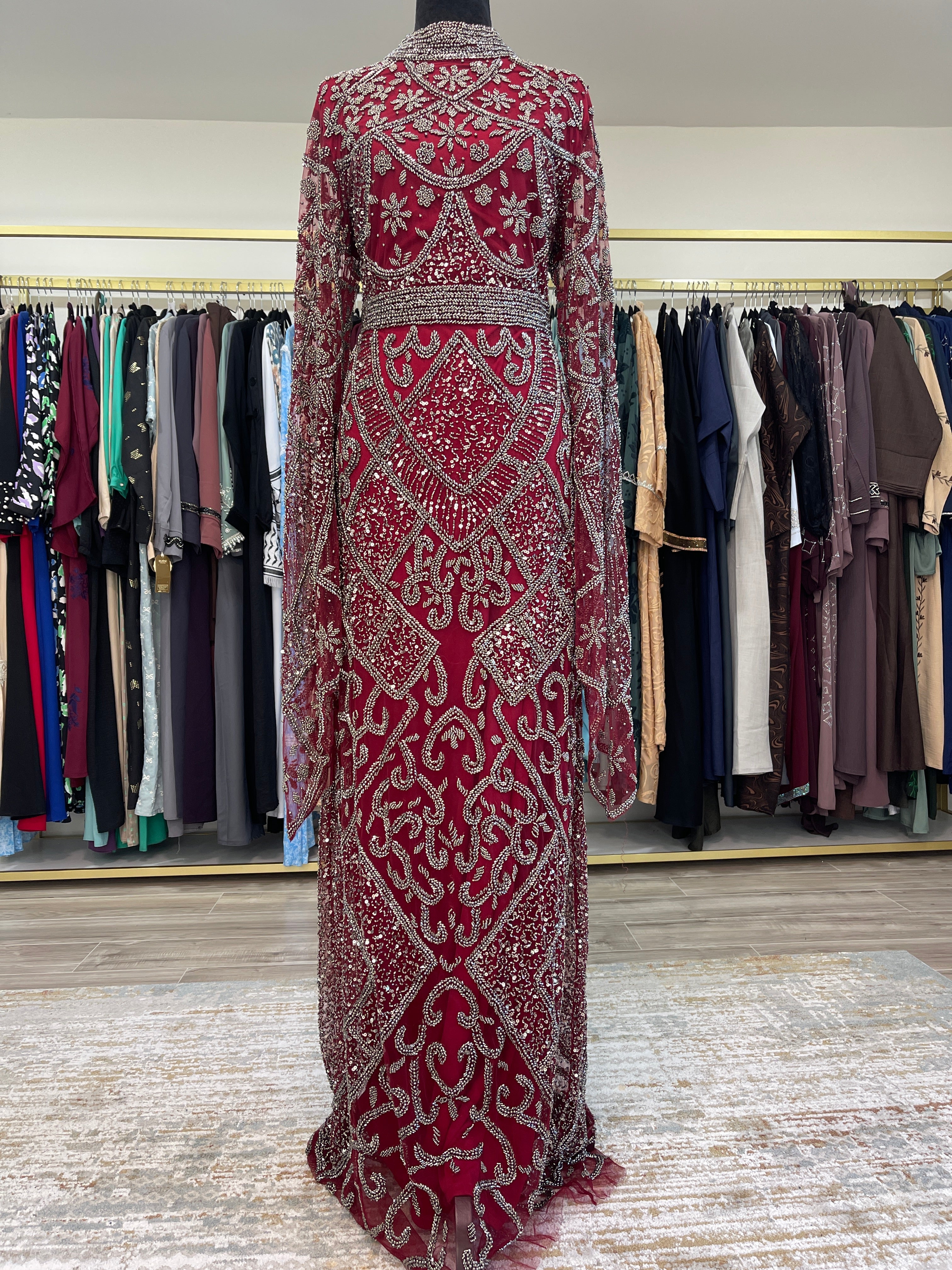 Burgundy Elegance Hand-Beaded Maxi Dress