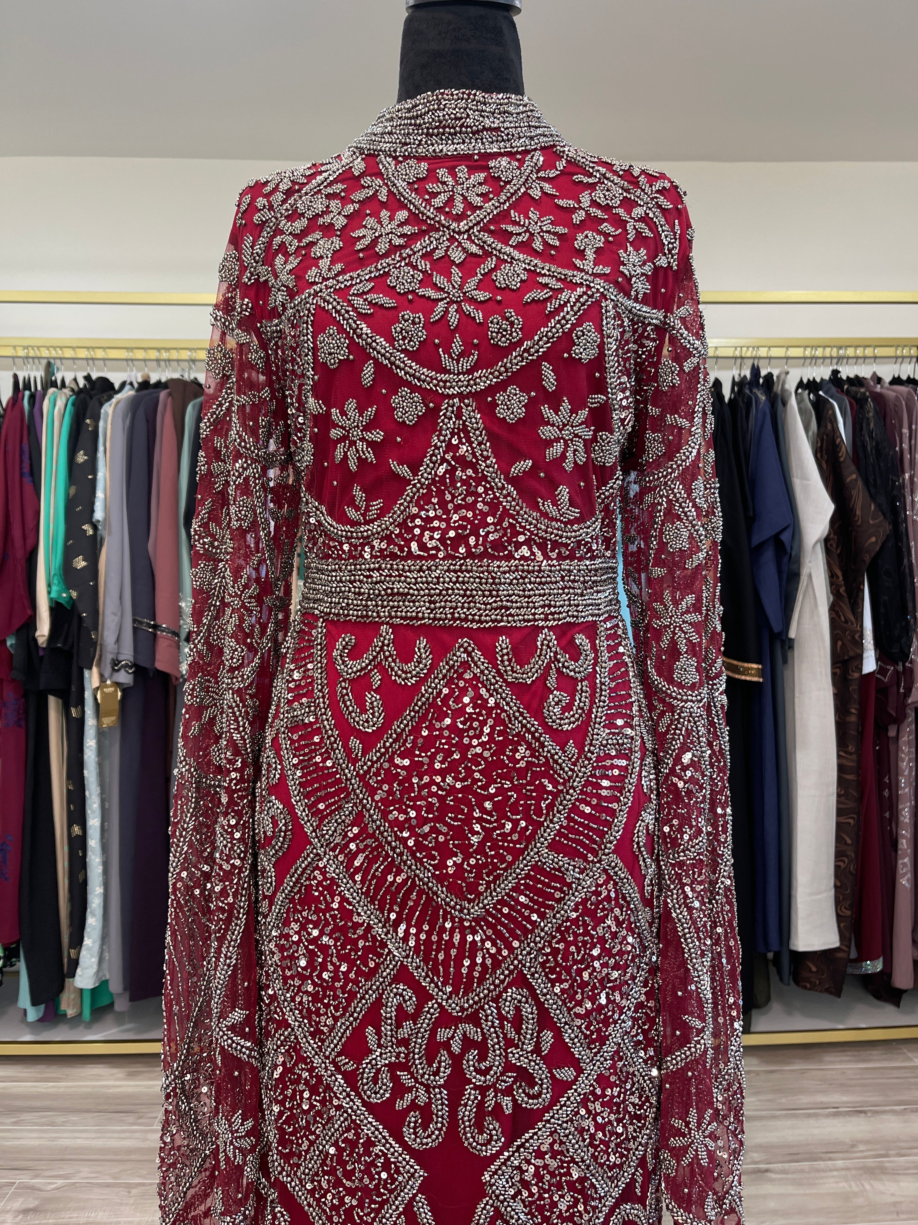 Burgundy Elegance Hand-Beaded Maxi Dress