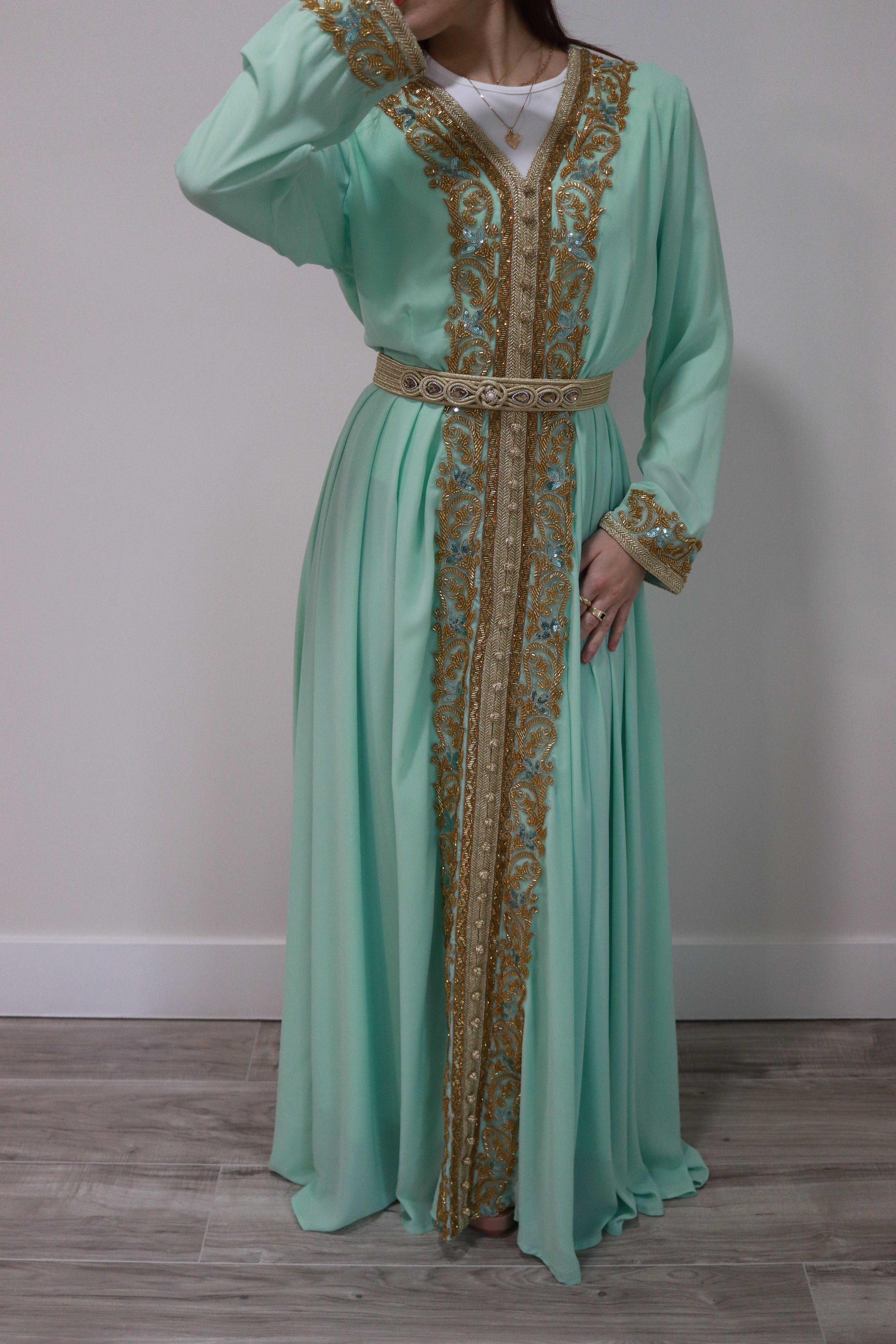 Elegant Gold Beaded Modest Dress