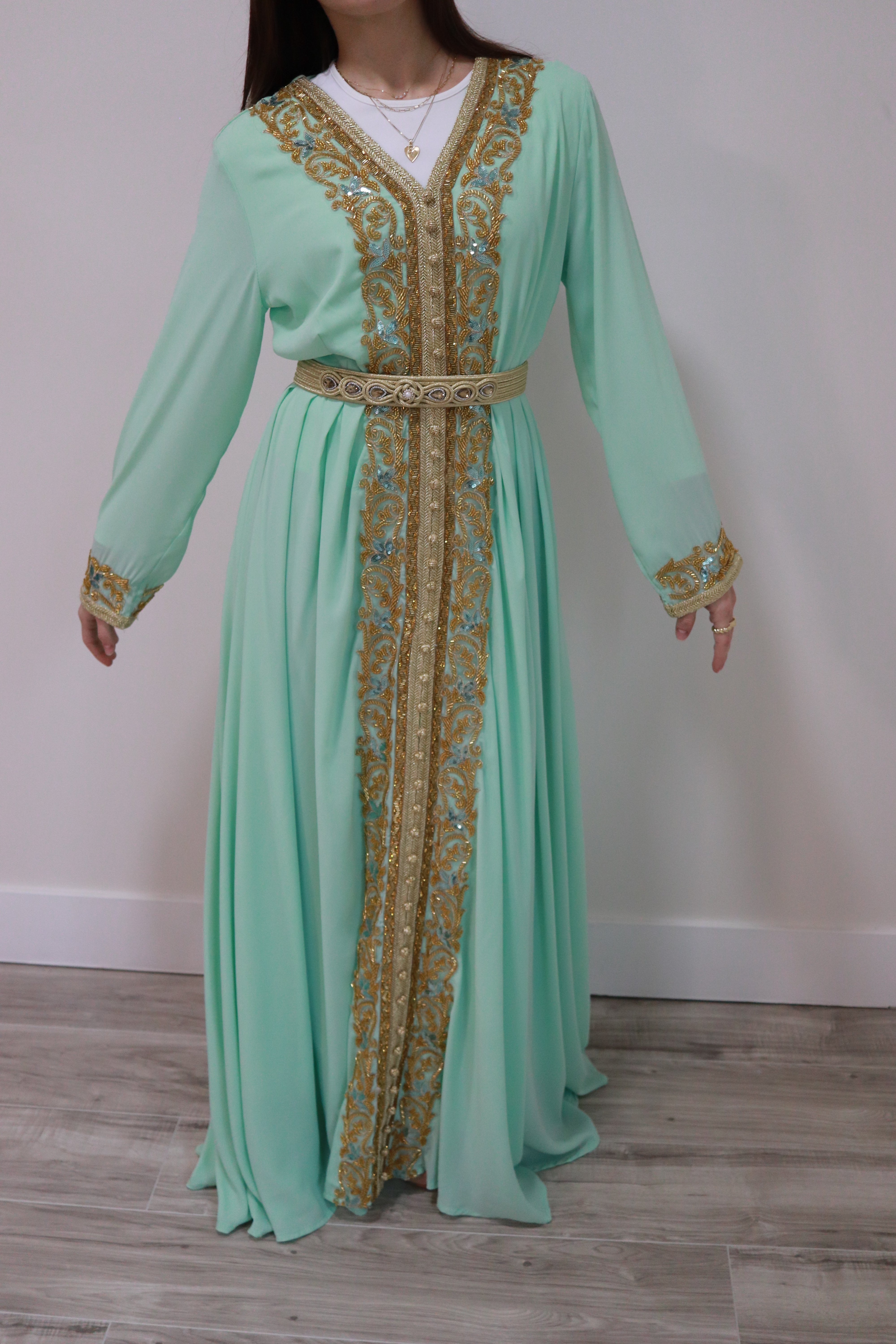 Elegant Gold Beaded Modest Dress