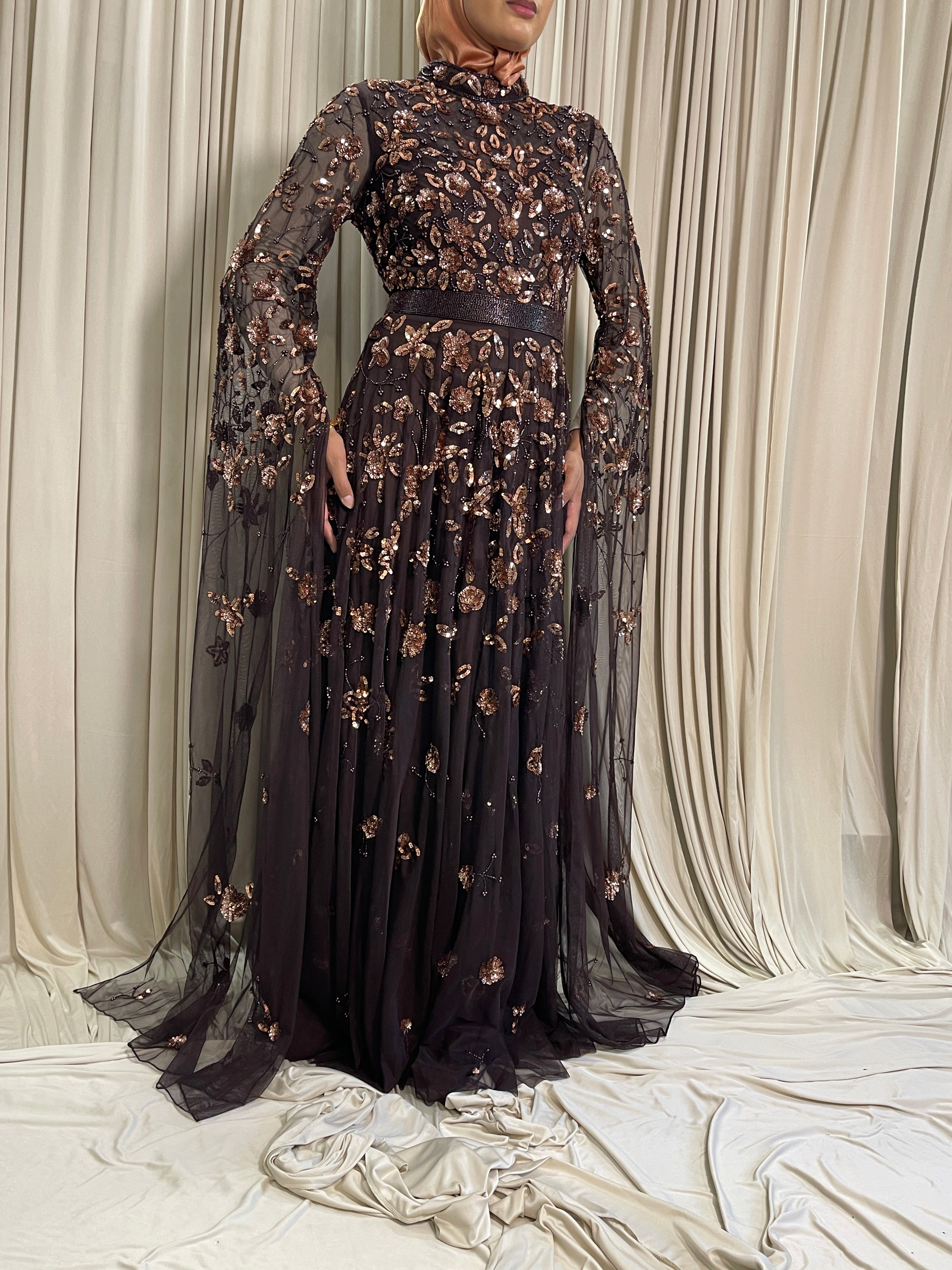 Asiyah's Collection - Luxury Brown Hand-Beaded Modest Maxi Dress | Elegant Formal Gown - Dress