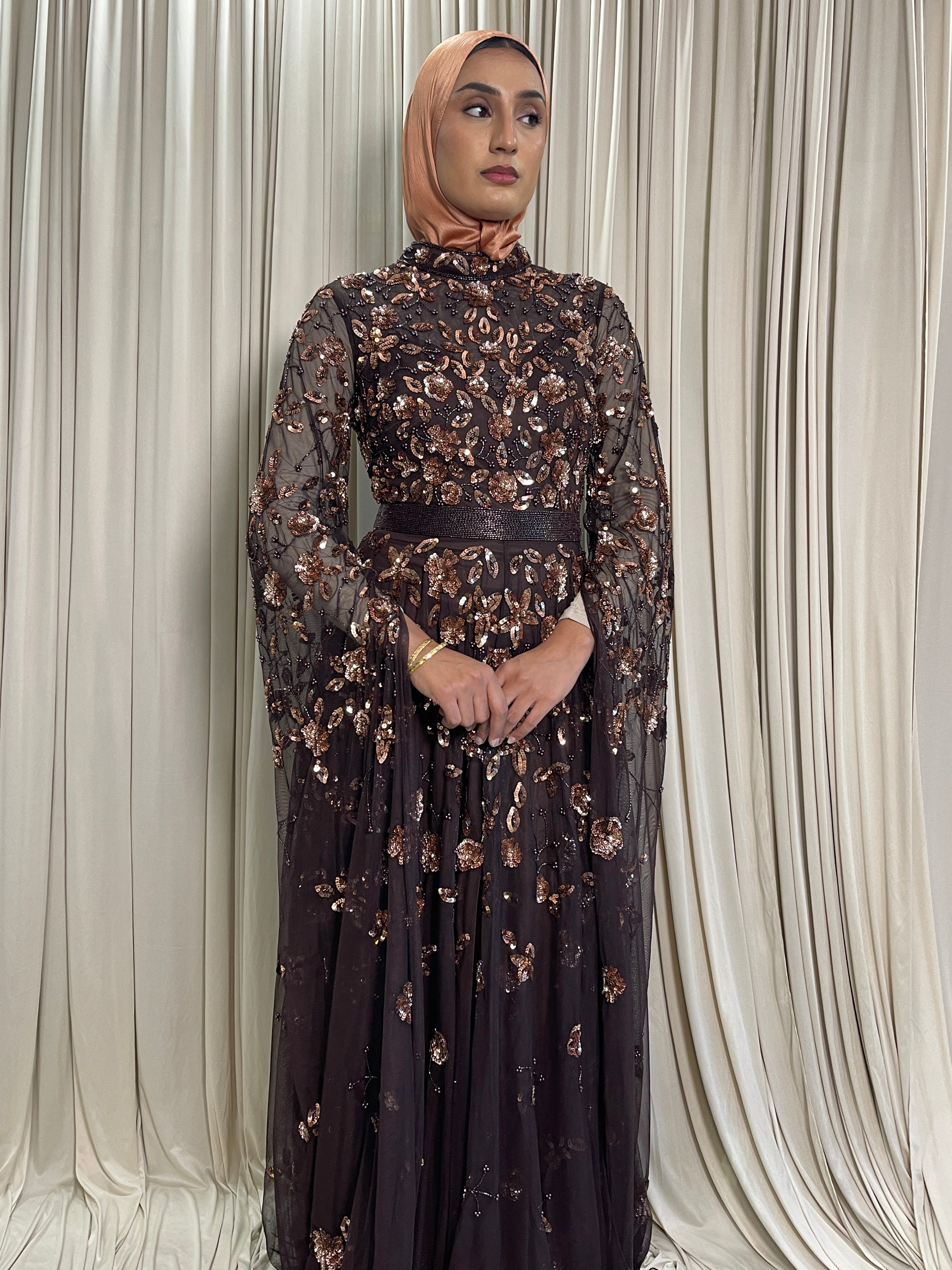 Asiyah's Collection - Luxury Brown Hand-Beaded Modest Maxi Dress | Elegant Formal Gown - Dress