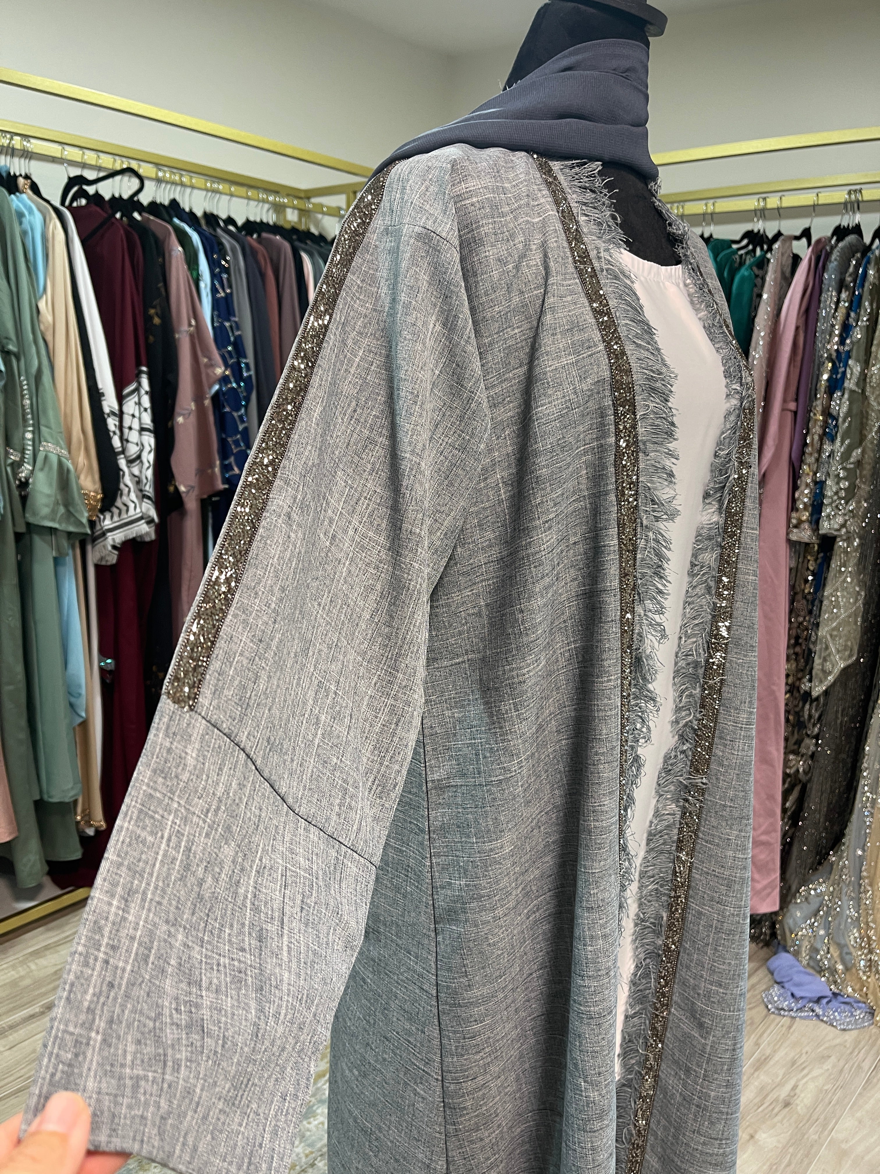 Elegant Linen 3-Piece Abaya in Denim Tone