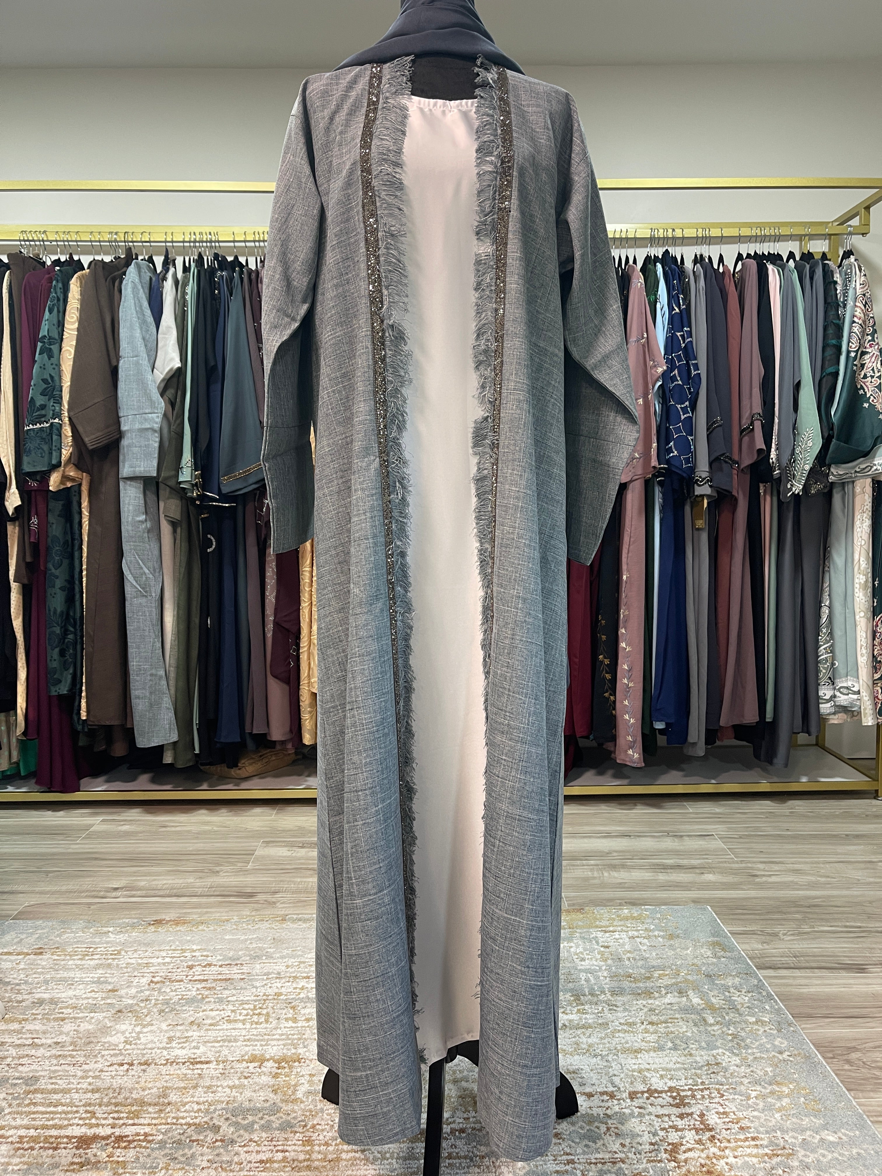 Elegant Linen 3-Piece Abaya in Denim Tone
