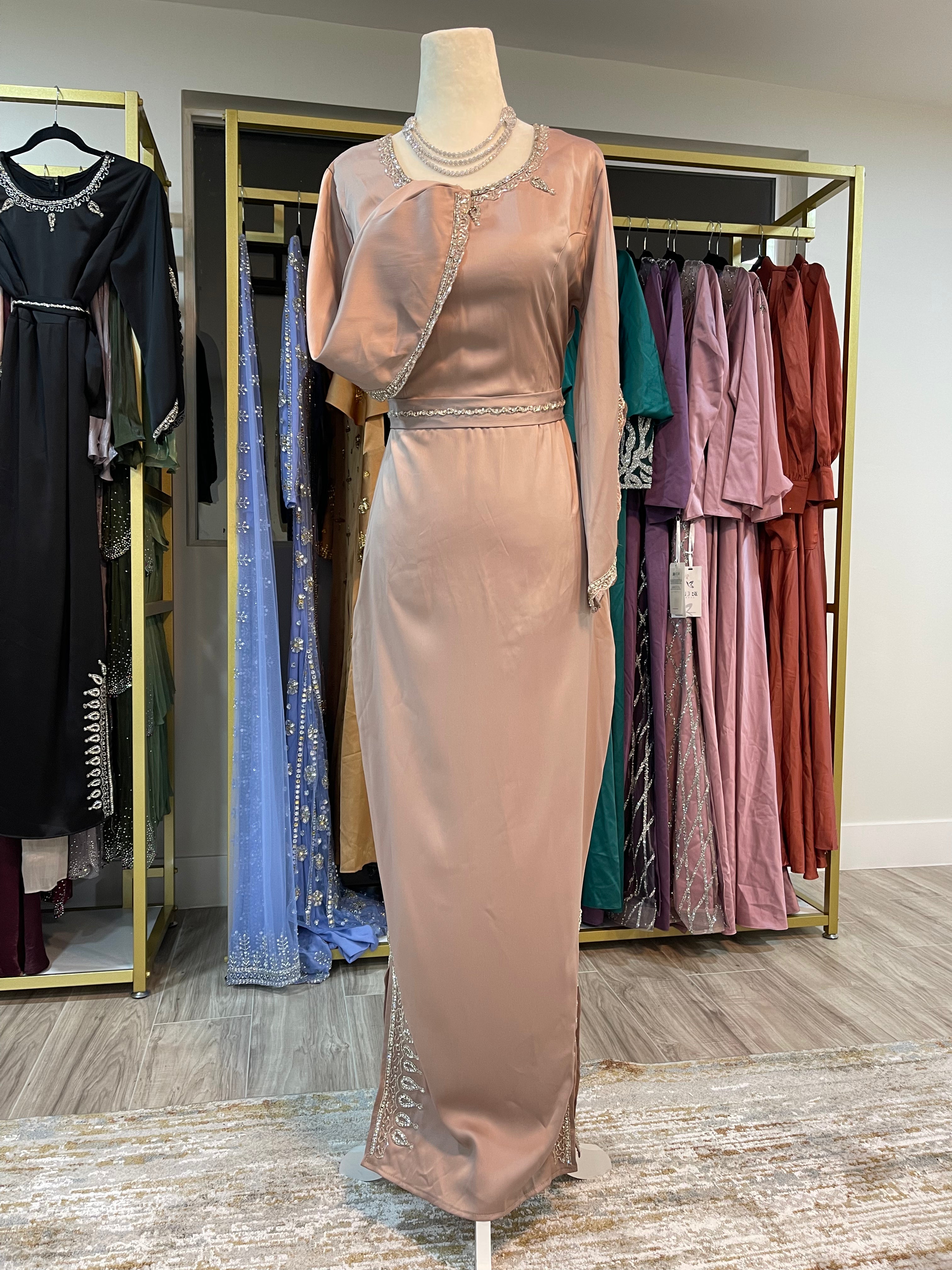 Asiyah's Collection - Pink Satin Gown with Rhinestone Accents - Dress