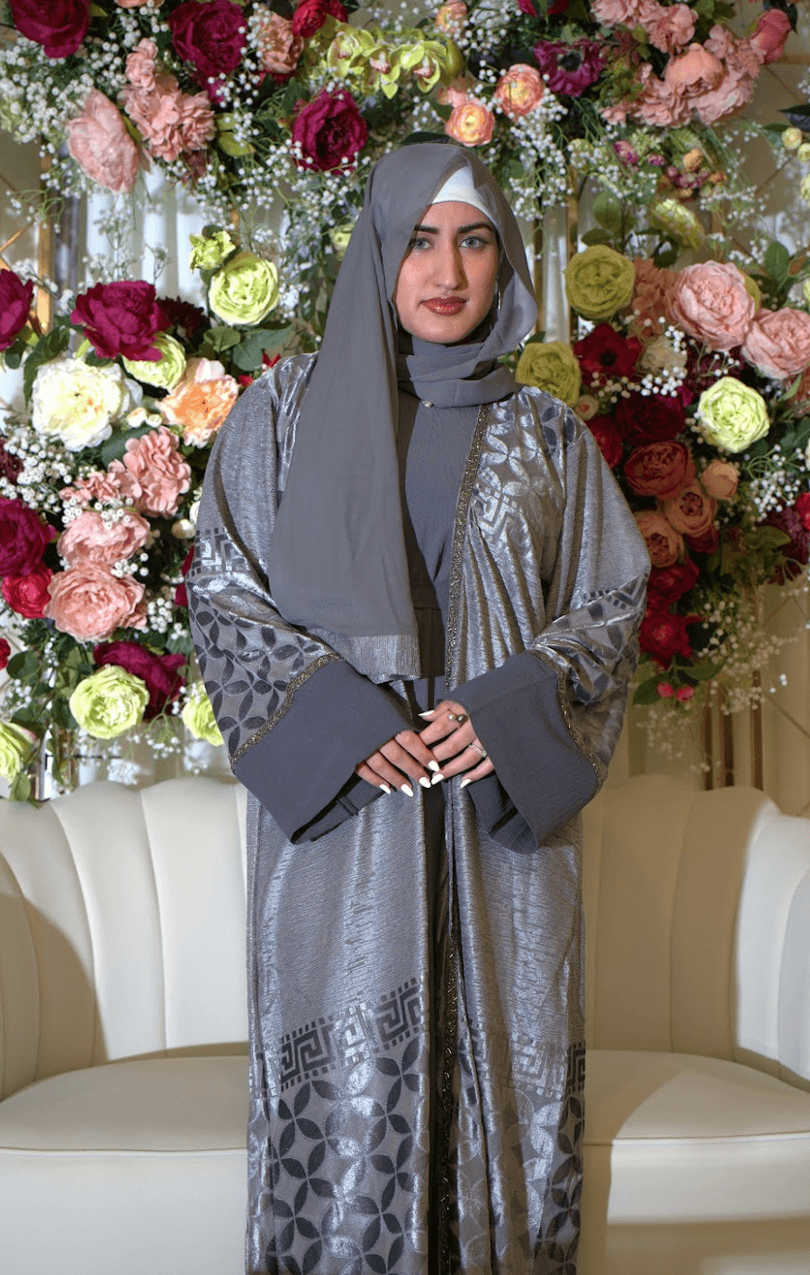Eid Collection Gray 4-Piece Abaya | Elegant & Modest Celebration Wear