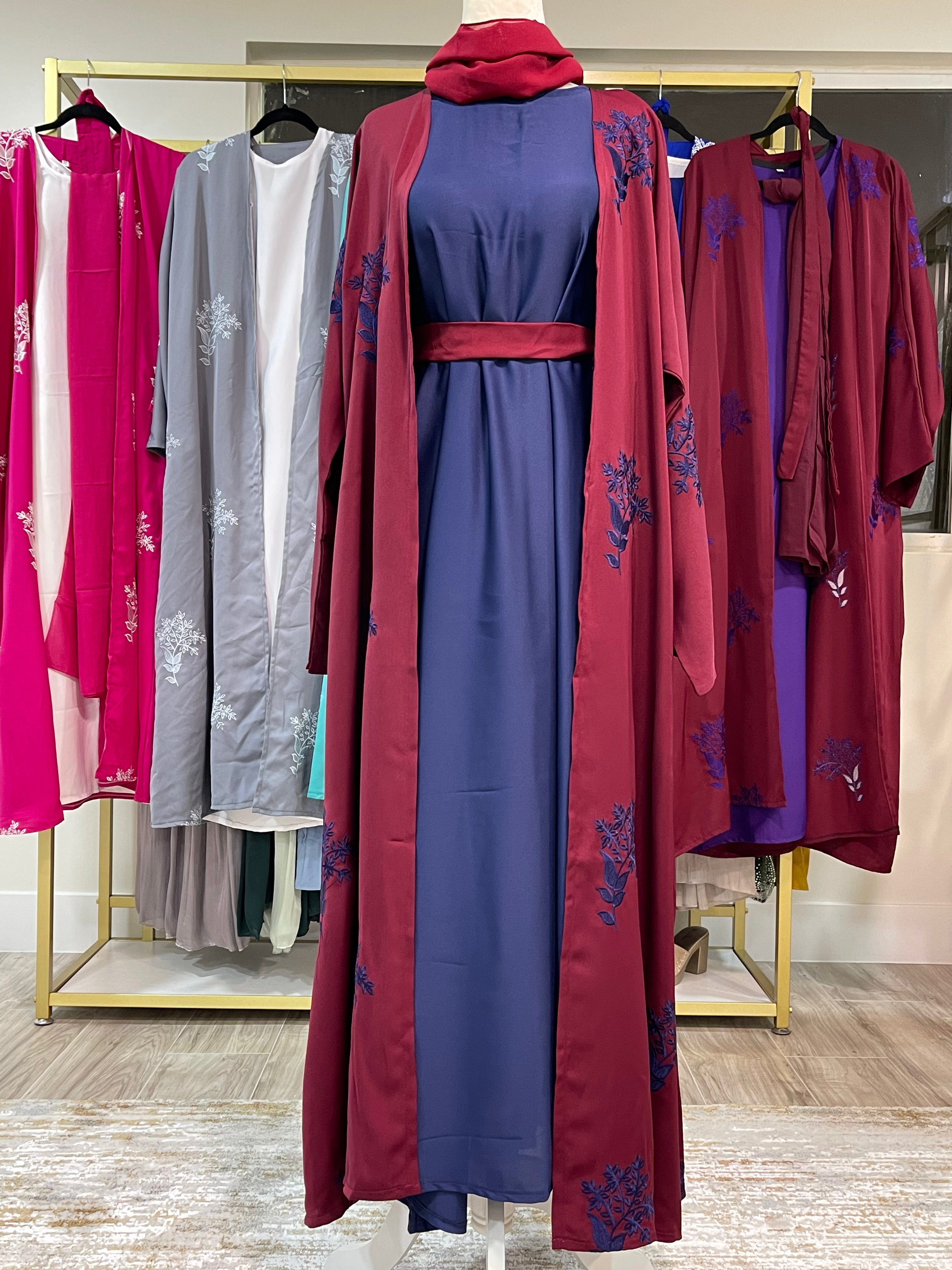 Elegant 4-Piece Navy Blue and Burgundy Abaya Set