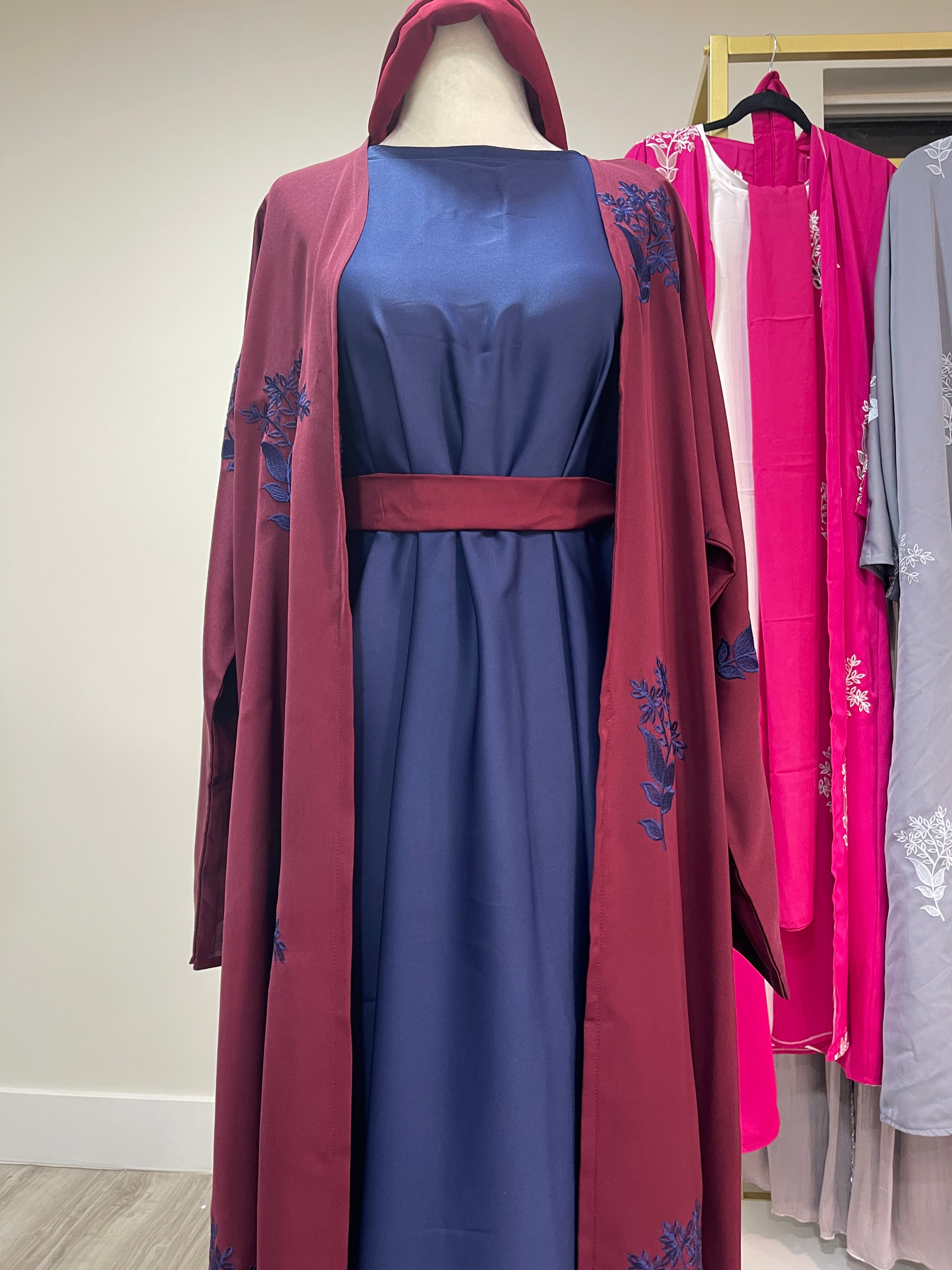 Elegant 4-Piece Navy Blue and Burgundy Abaya Set