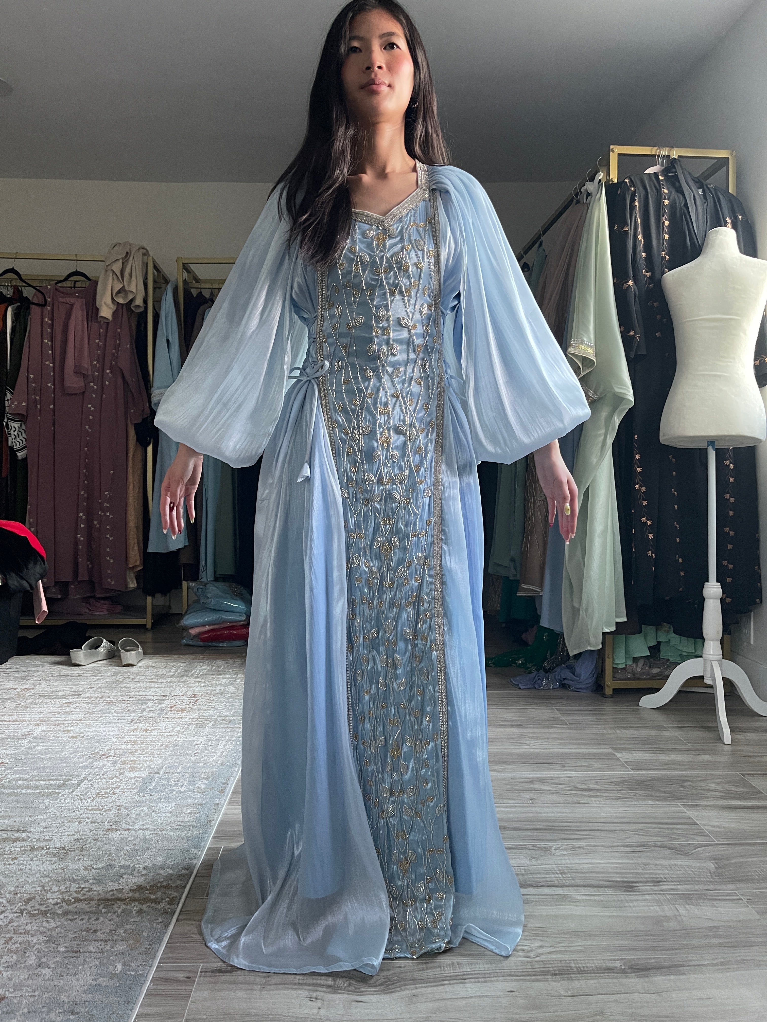 ✨ Sold Out — Now Available for Preorder ✨Celestia Fairy Dress – Hand-Beaded Detail & Flowing Balloon Sleeves