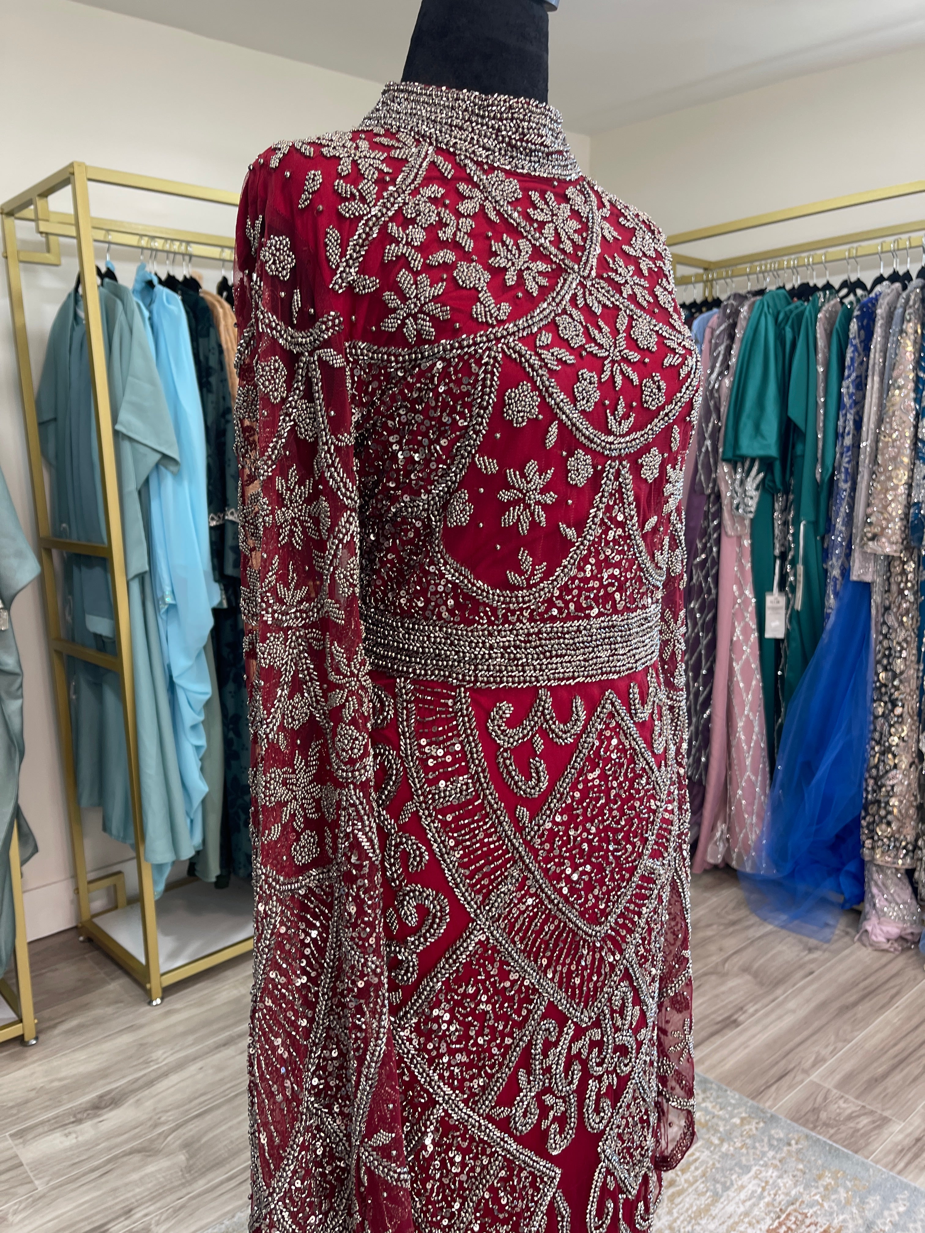Burgundy Elegance Hand-Beaded Maxi Dress