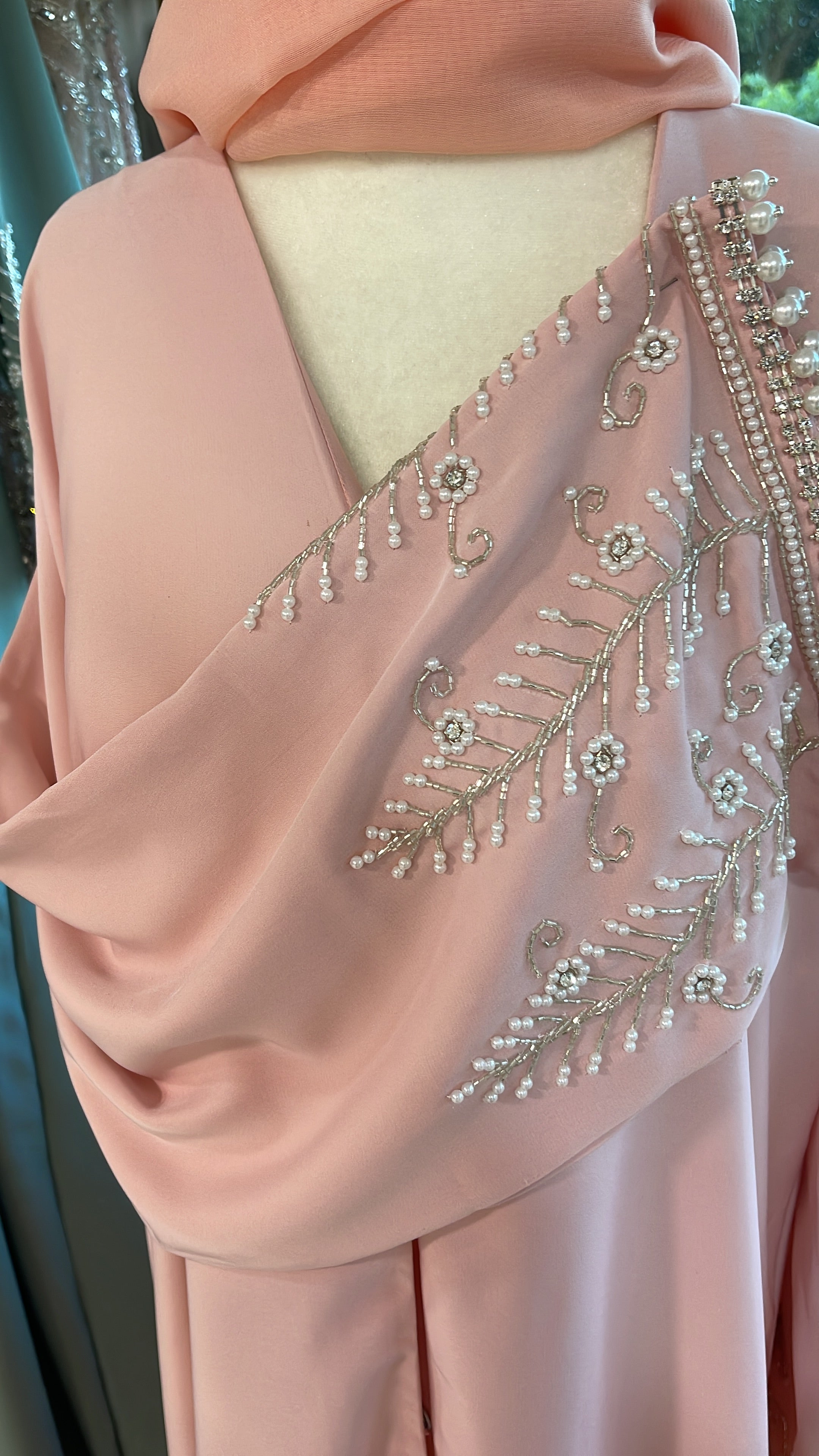 Pink Pearl & Rhinestone Abaya – Handmade Elegance