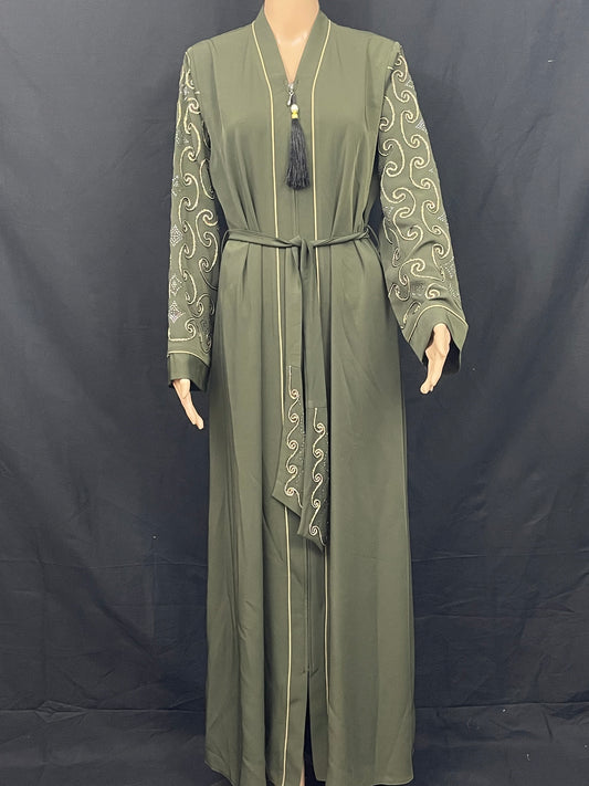 FOREST GREEN EMBELLISHED OPEN ABAYA WITH GOLD CUFFS