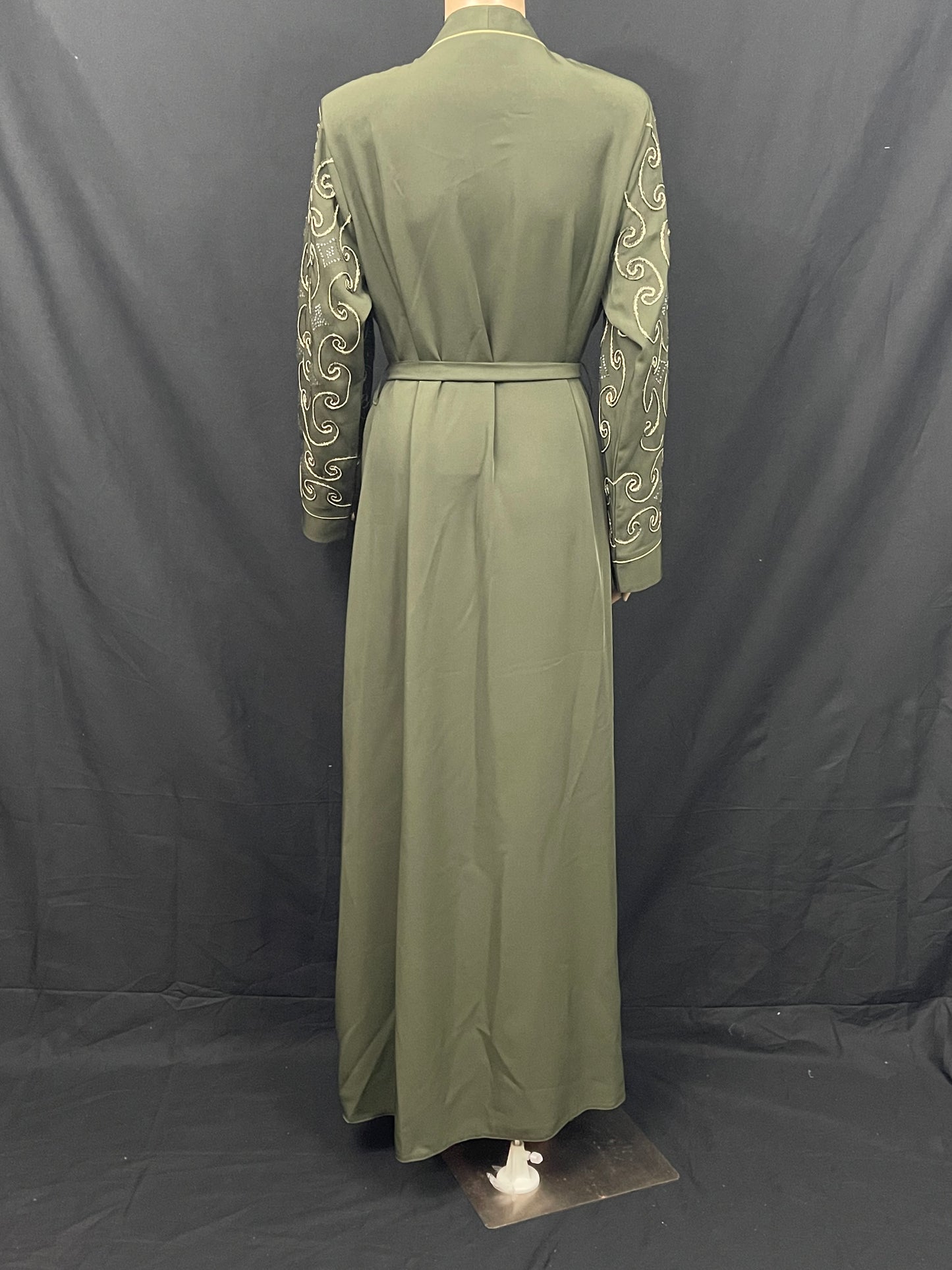 FOREST GREEN EMBELLISHED OPEN ABAYA WITH GOLD CUFFS