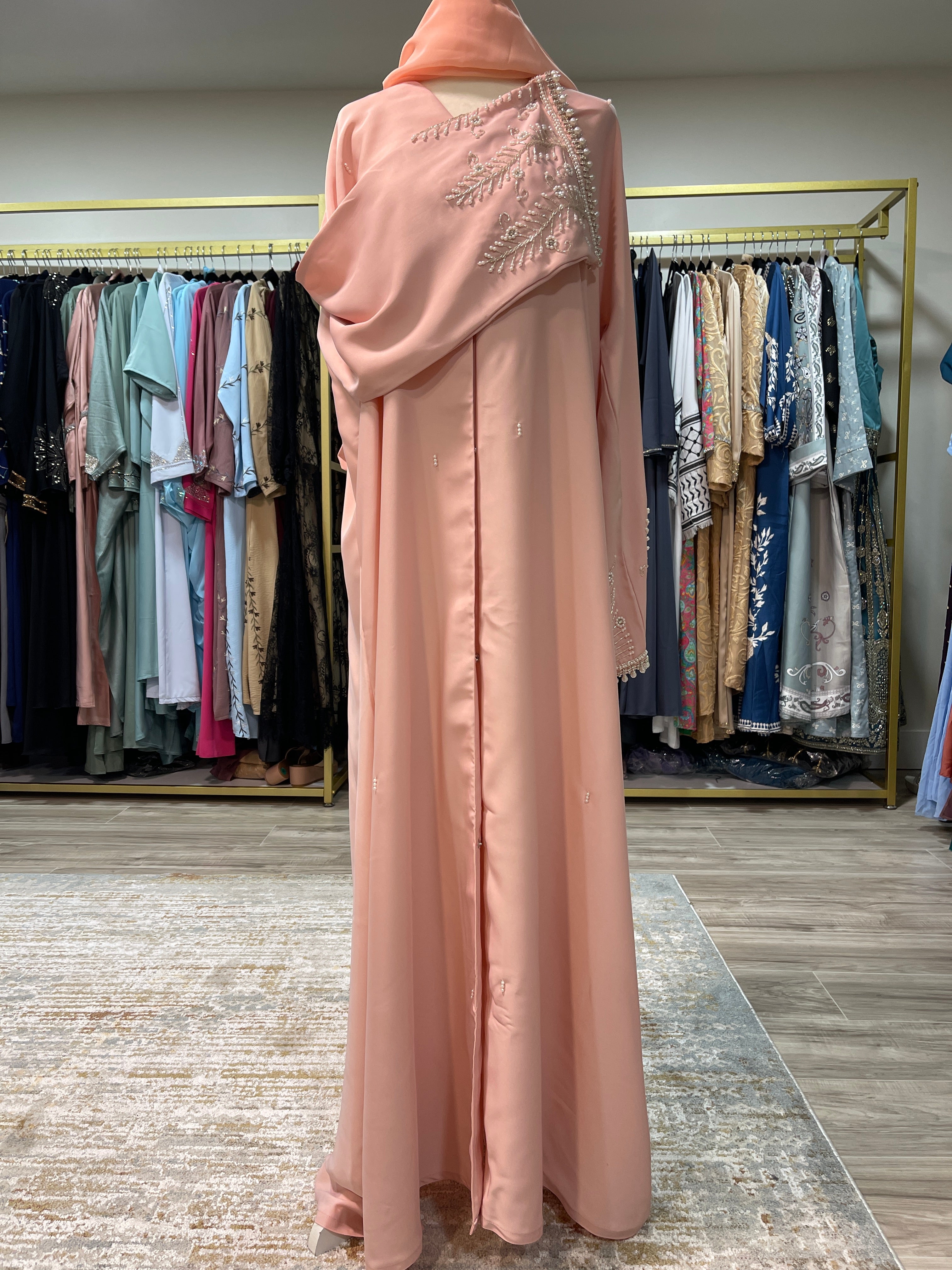 Pink Pearl & Rhinestone Abaya – Handmade Elegance