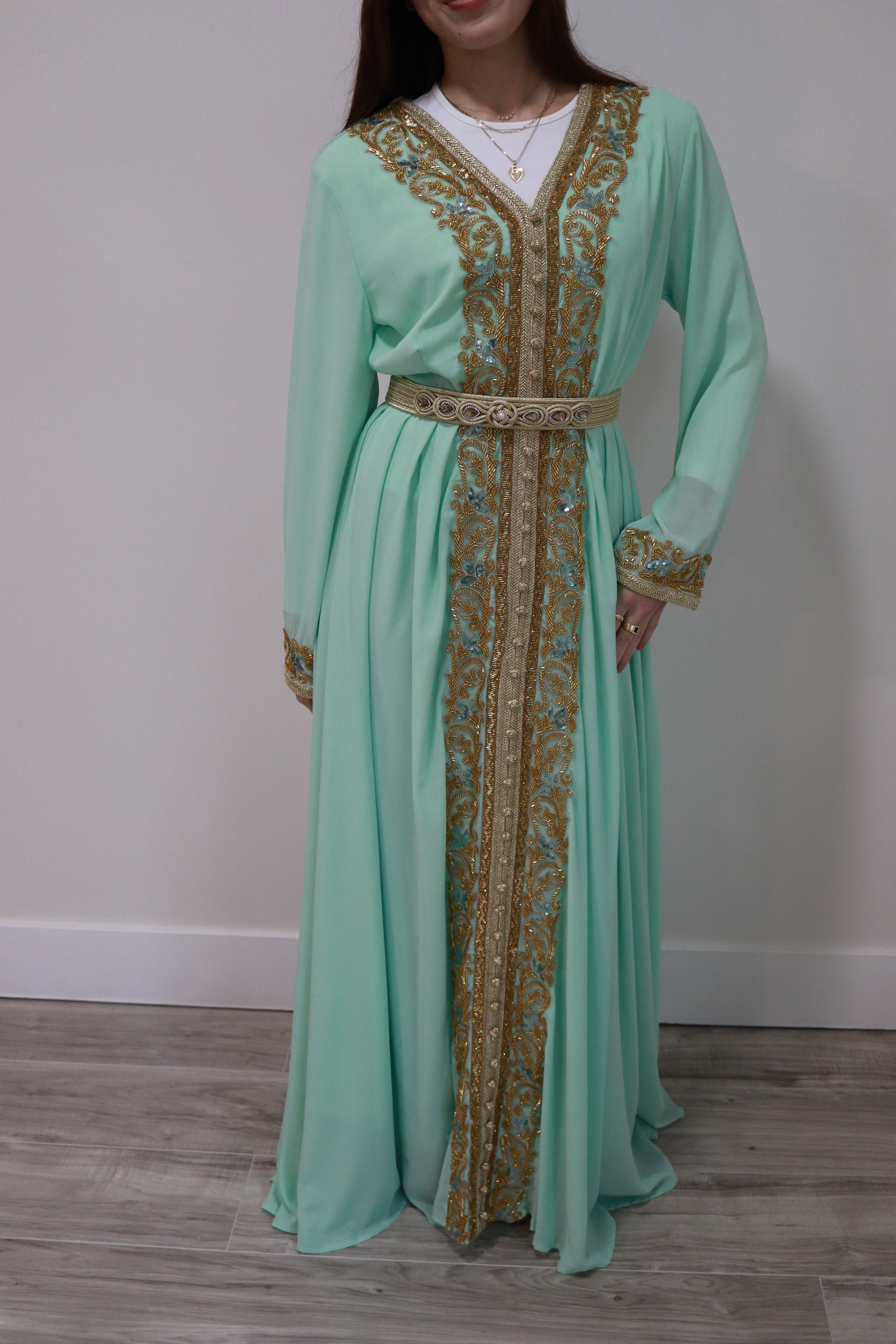 Elegant Gold Beaded Modest Dress