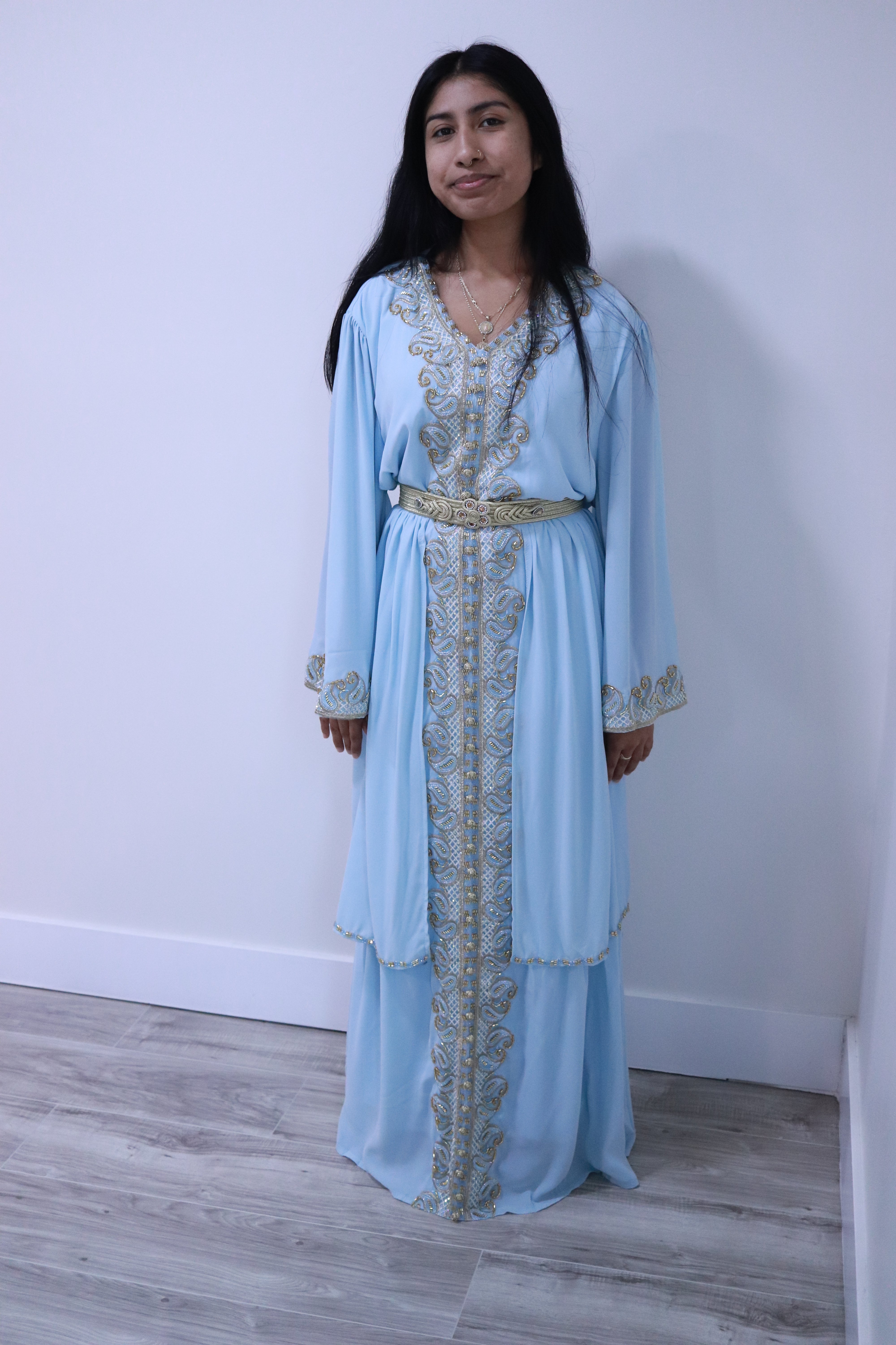 Light Blue Gold Beading Dress – Fully Lined