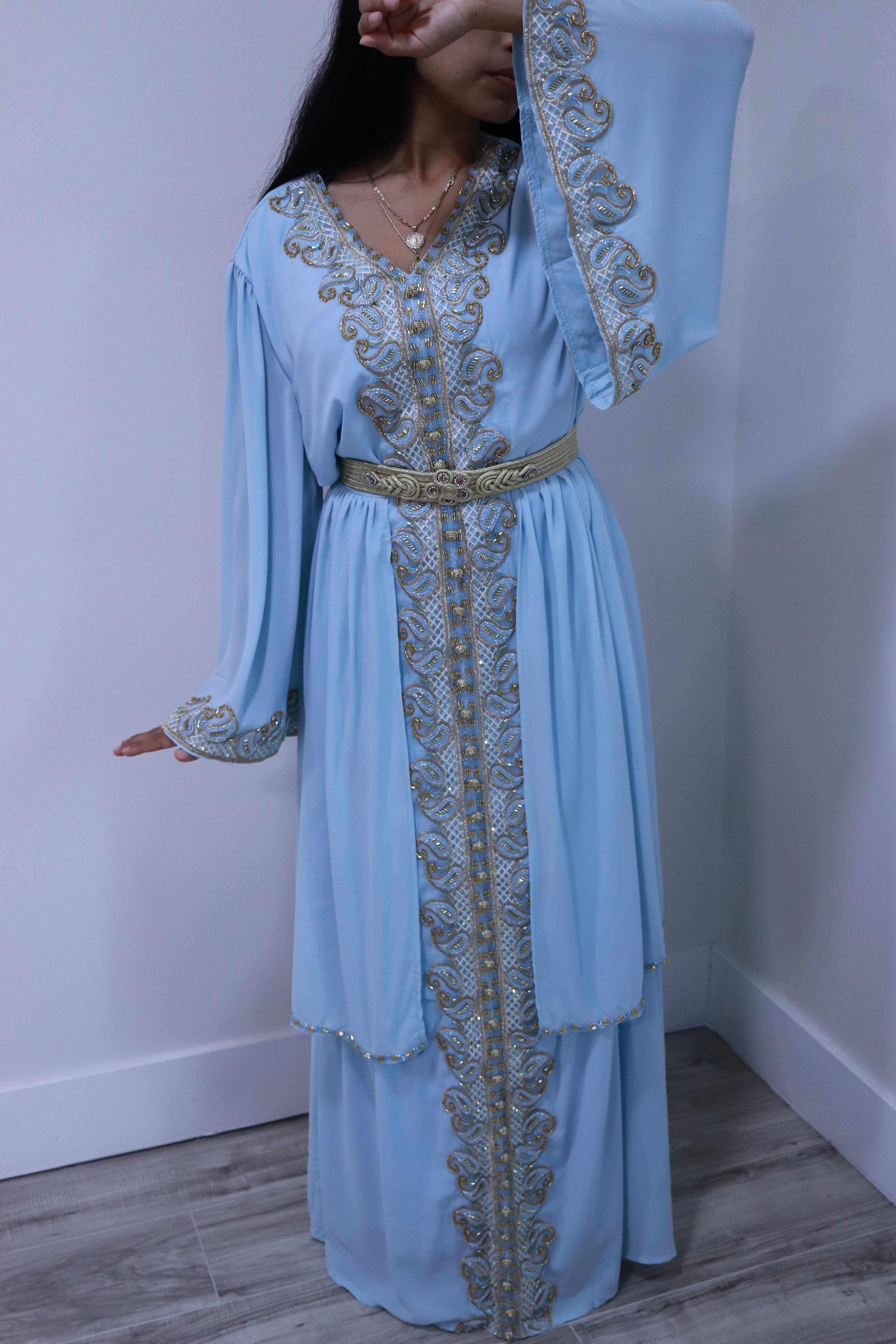 Light Blue Gold Beading Dress – Fully Lined