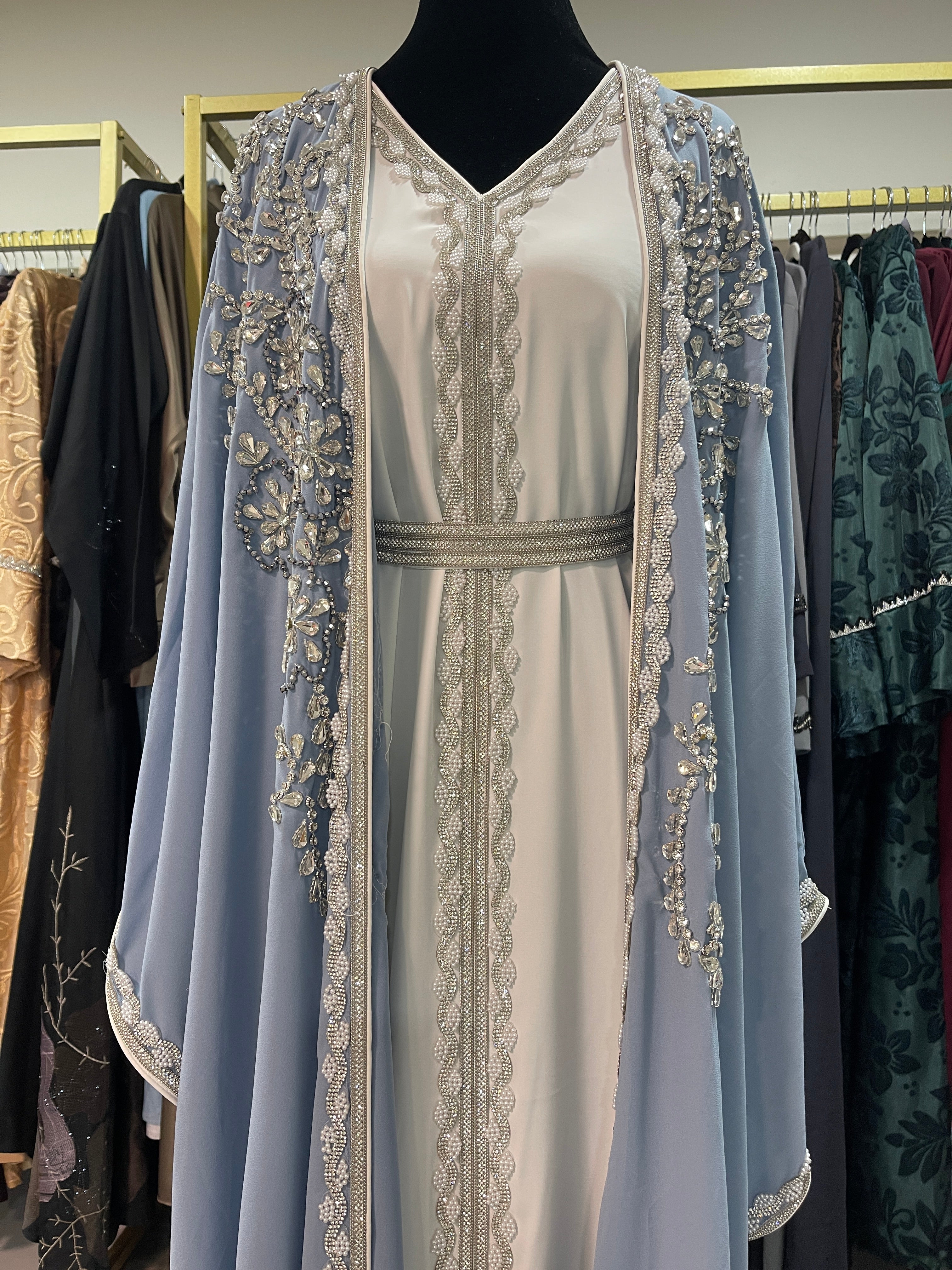 Radiance Abaya – Hand-Beaded Rhinestone Set with Belted Underdress