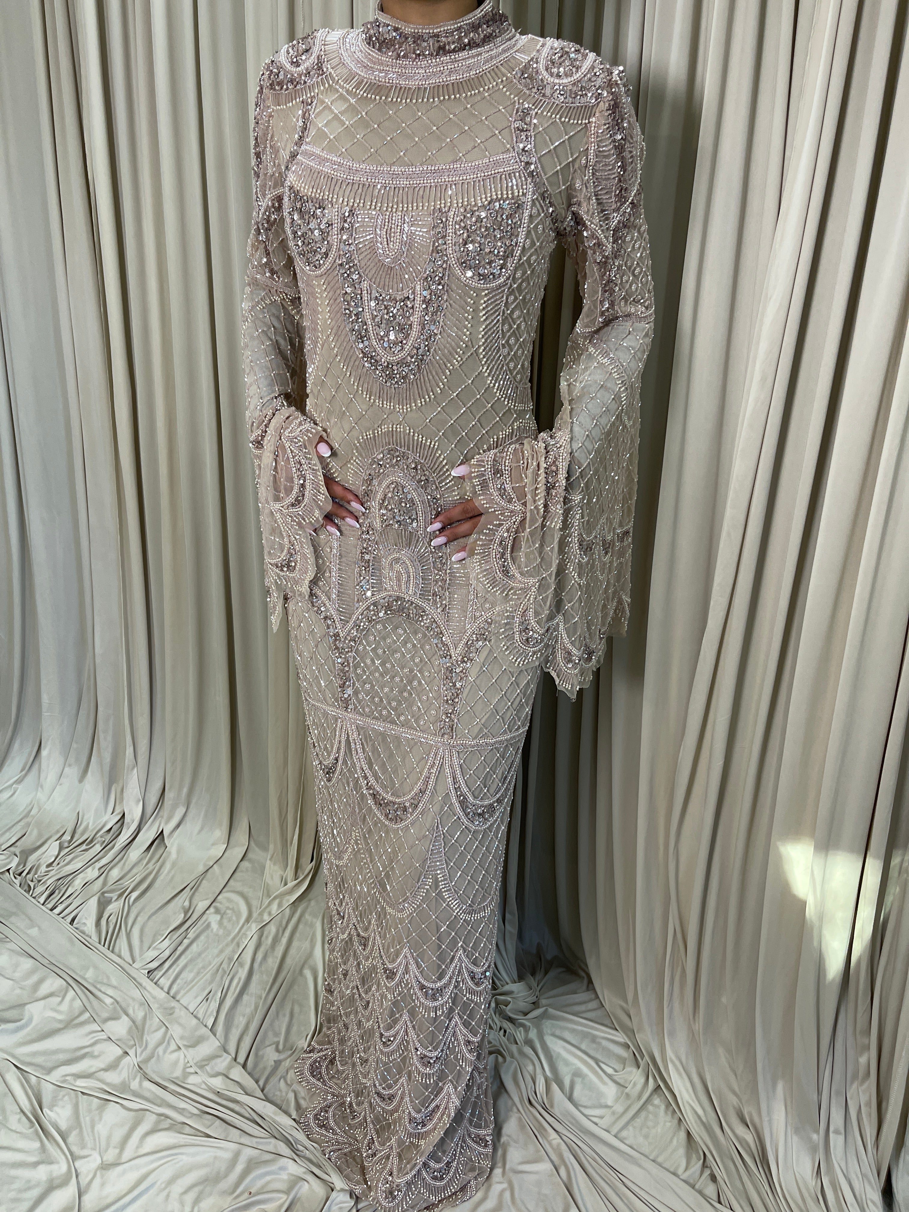 Asiyah's Collection - Luxury Champagne Hand-Beaded Modest Evening Dress with Cape Sleeves - dress