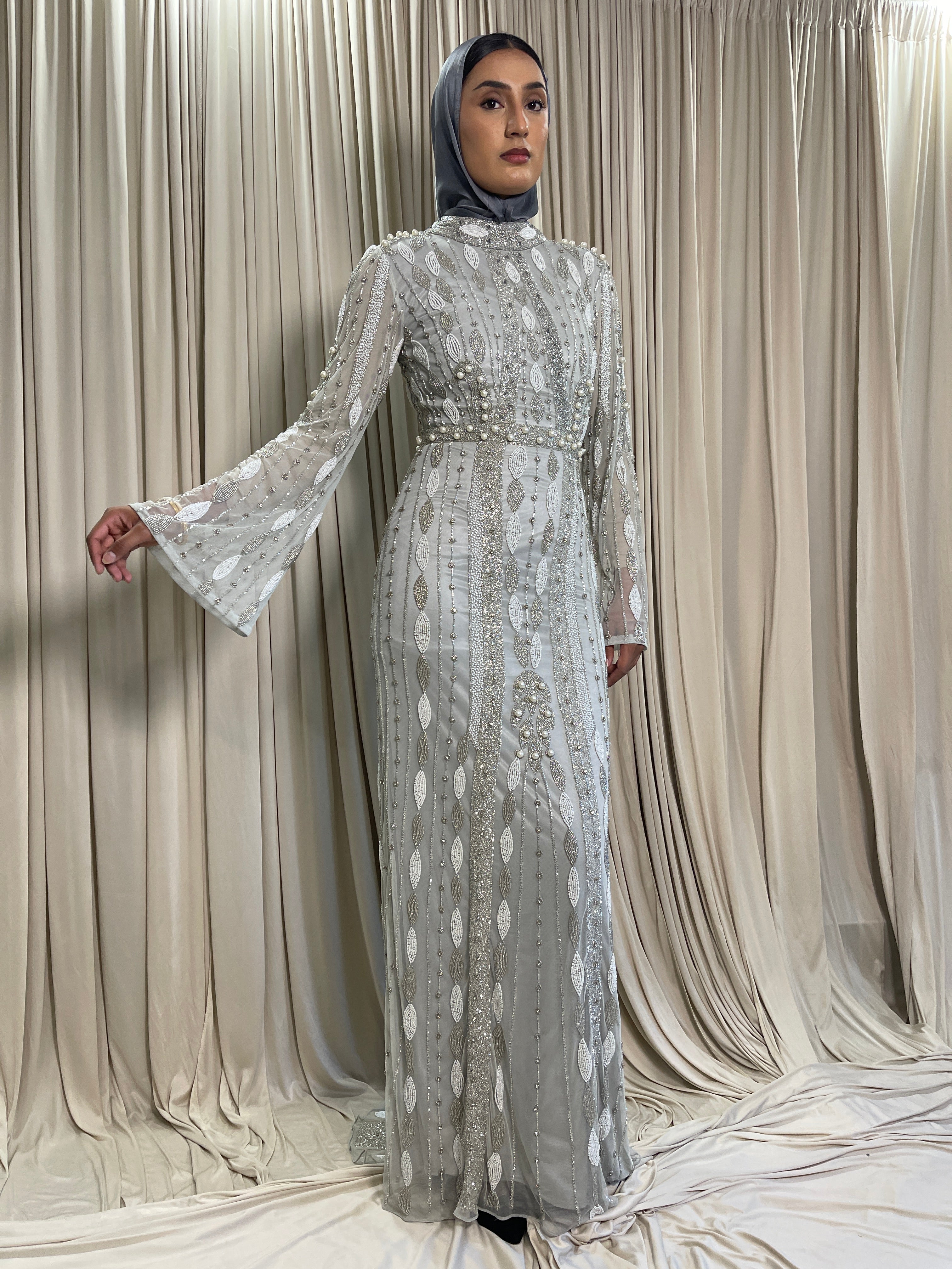 Pearl Hand-Beaded Modest Evening Gown – Silver Gray