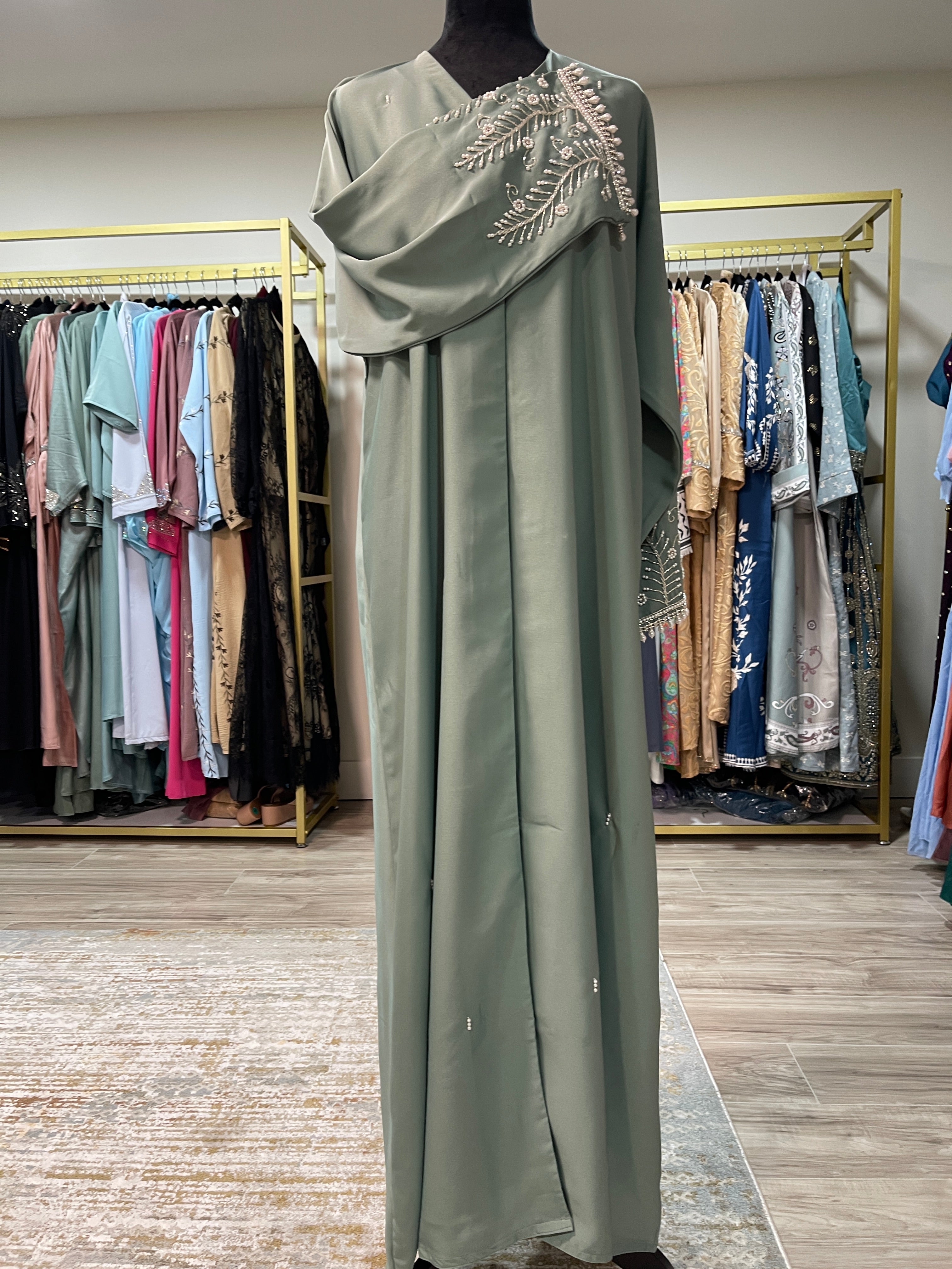 Mint Pearl Abaya – Handmade Elegance