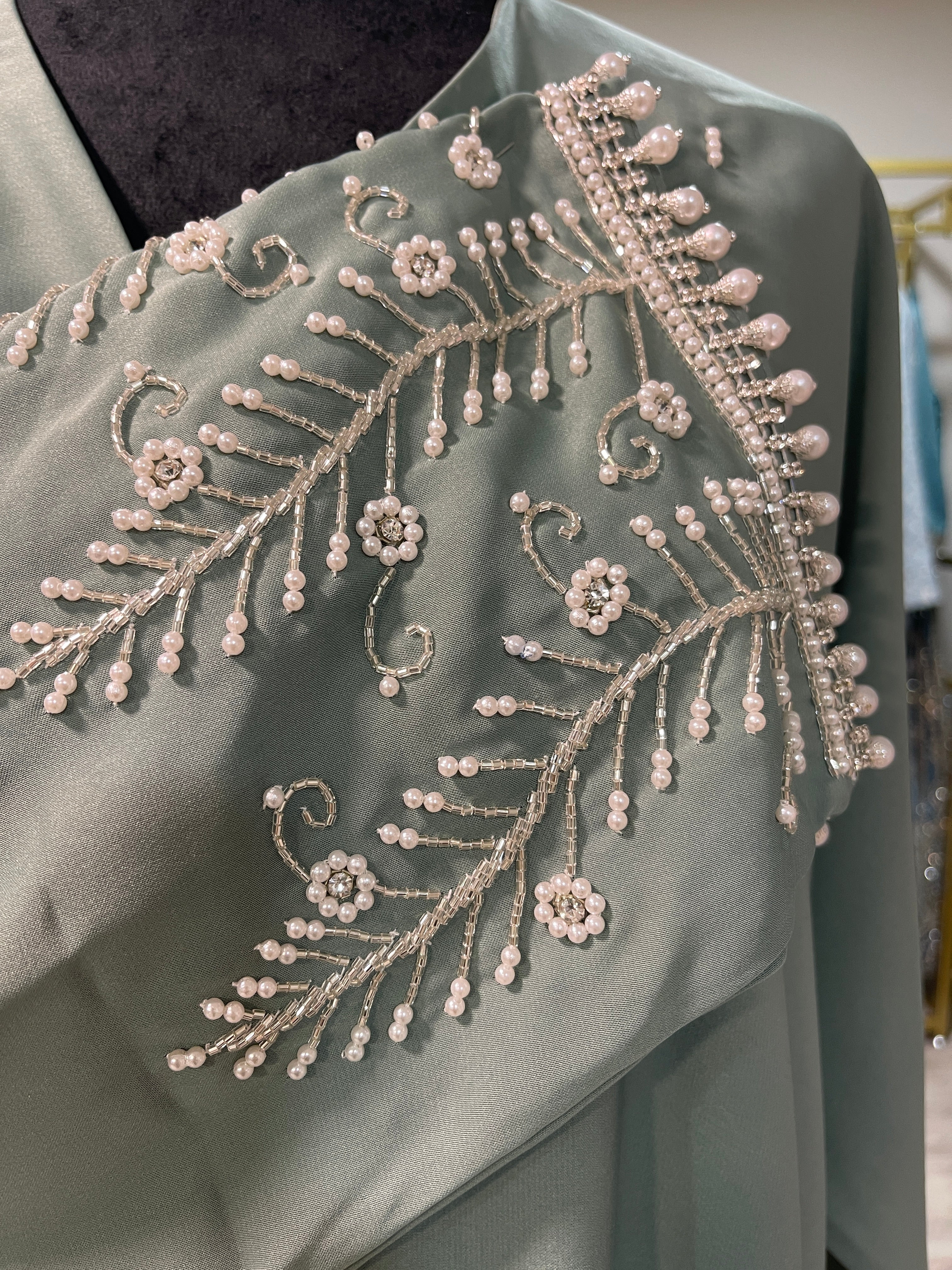 Mint Pearl Abaya – Handmade Elegance