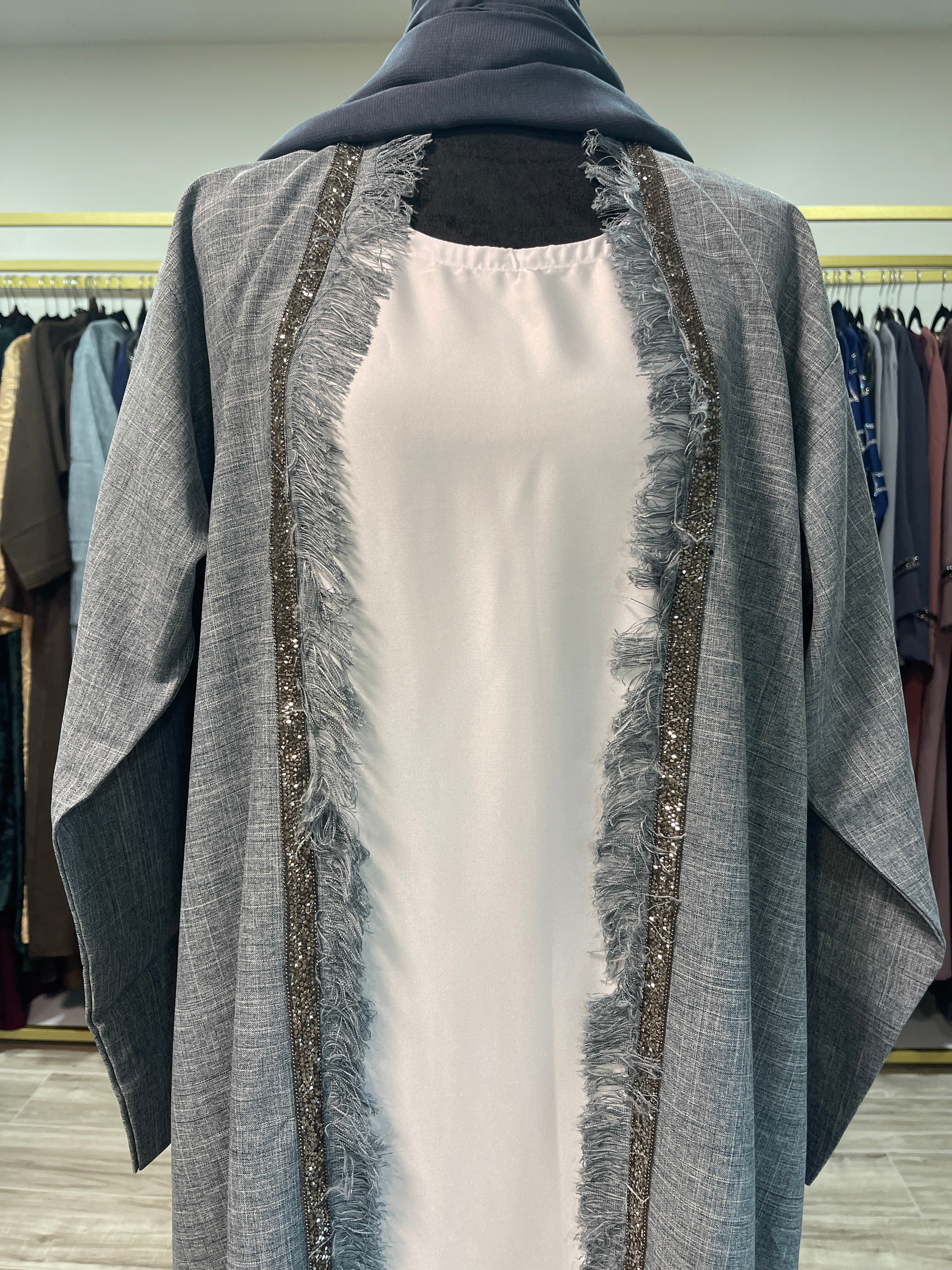 Elegant Linen 3-Piece Abaya in Denim Tone