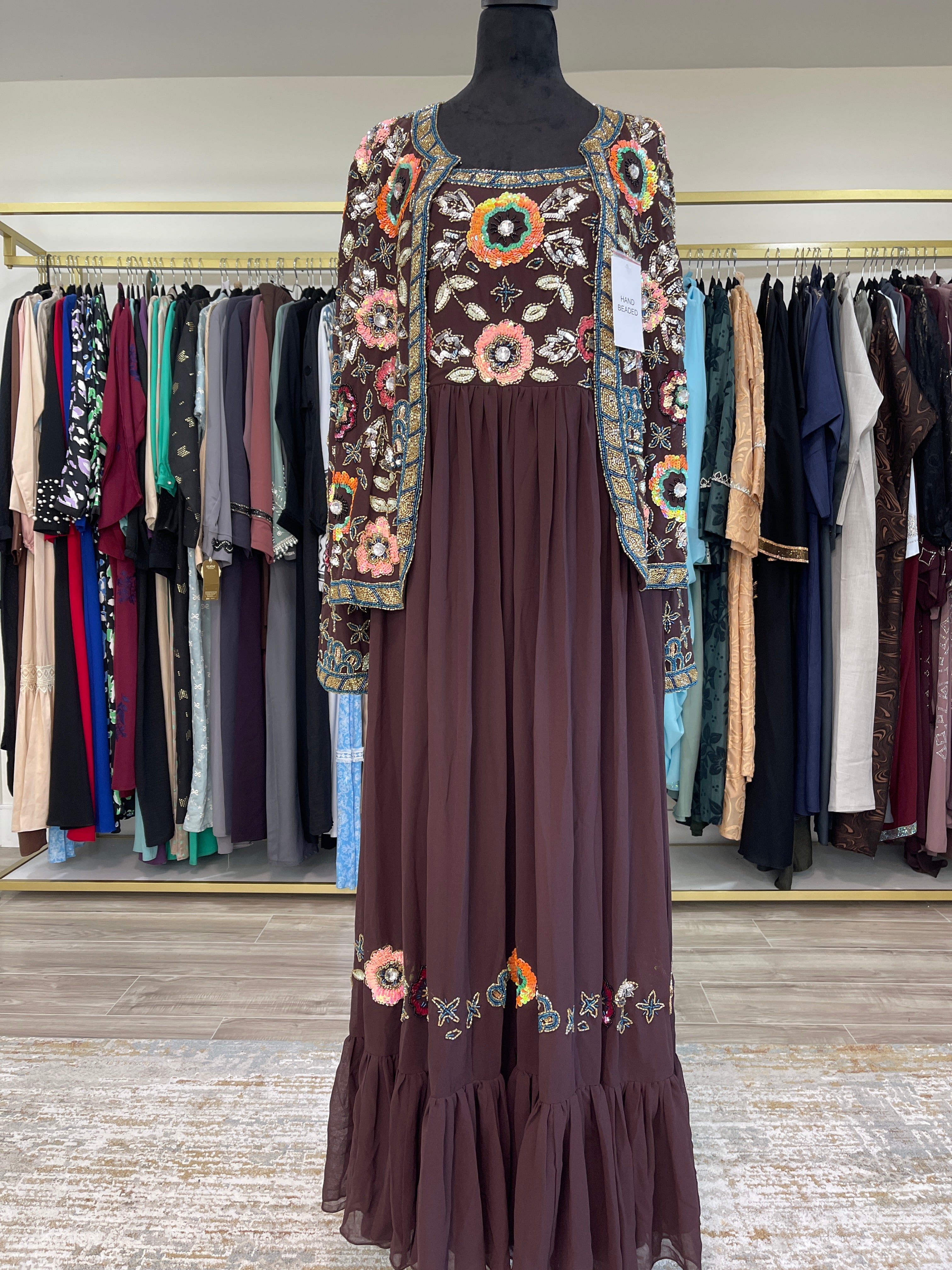 Rich Chocolate Brown Hand-Beaded Ensemble