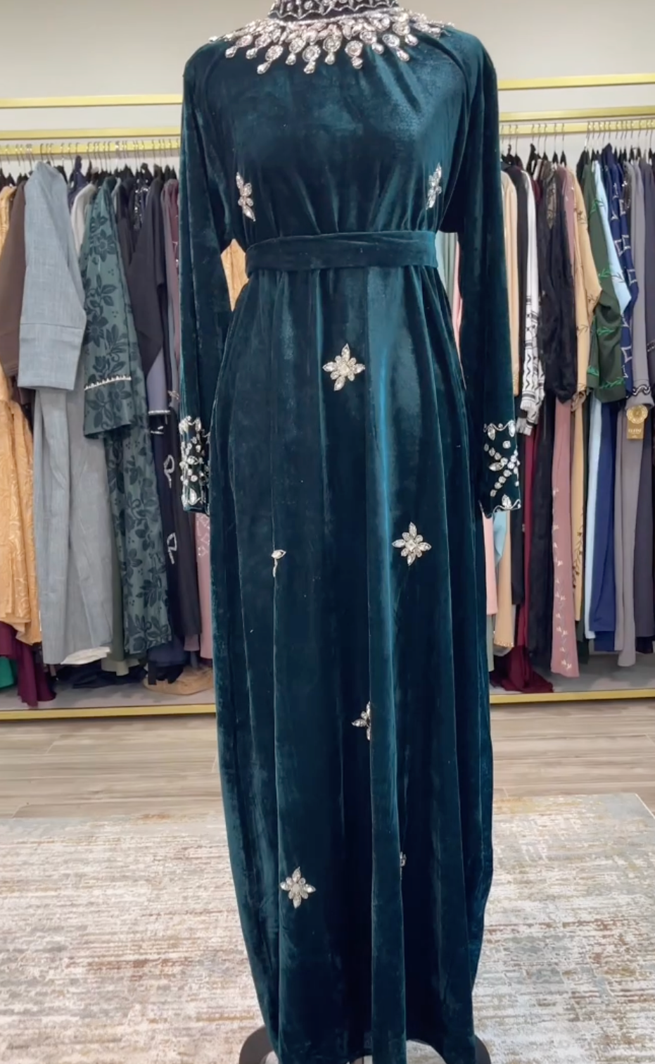 Dark Green Velvet Gown with Silver Rhinestones