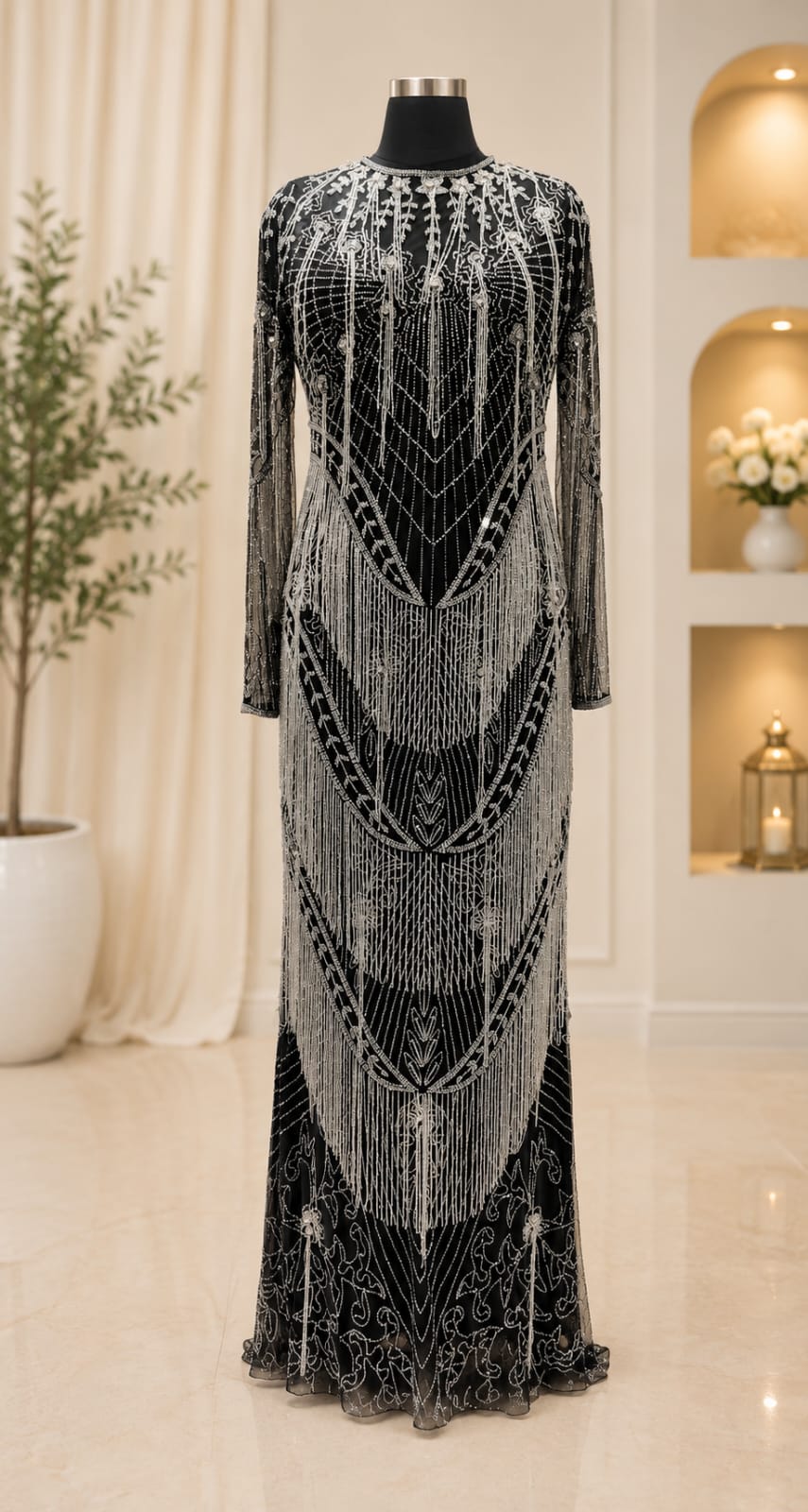 Midnight Noir Hand-Beaded Fringe Modest Evening Gown