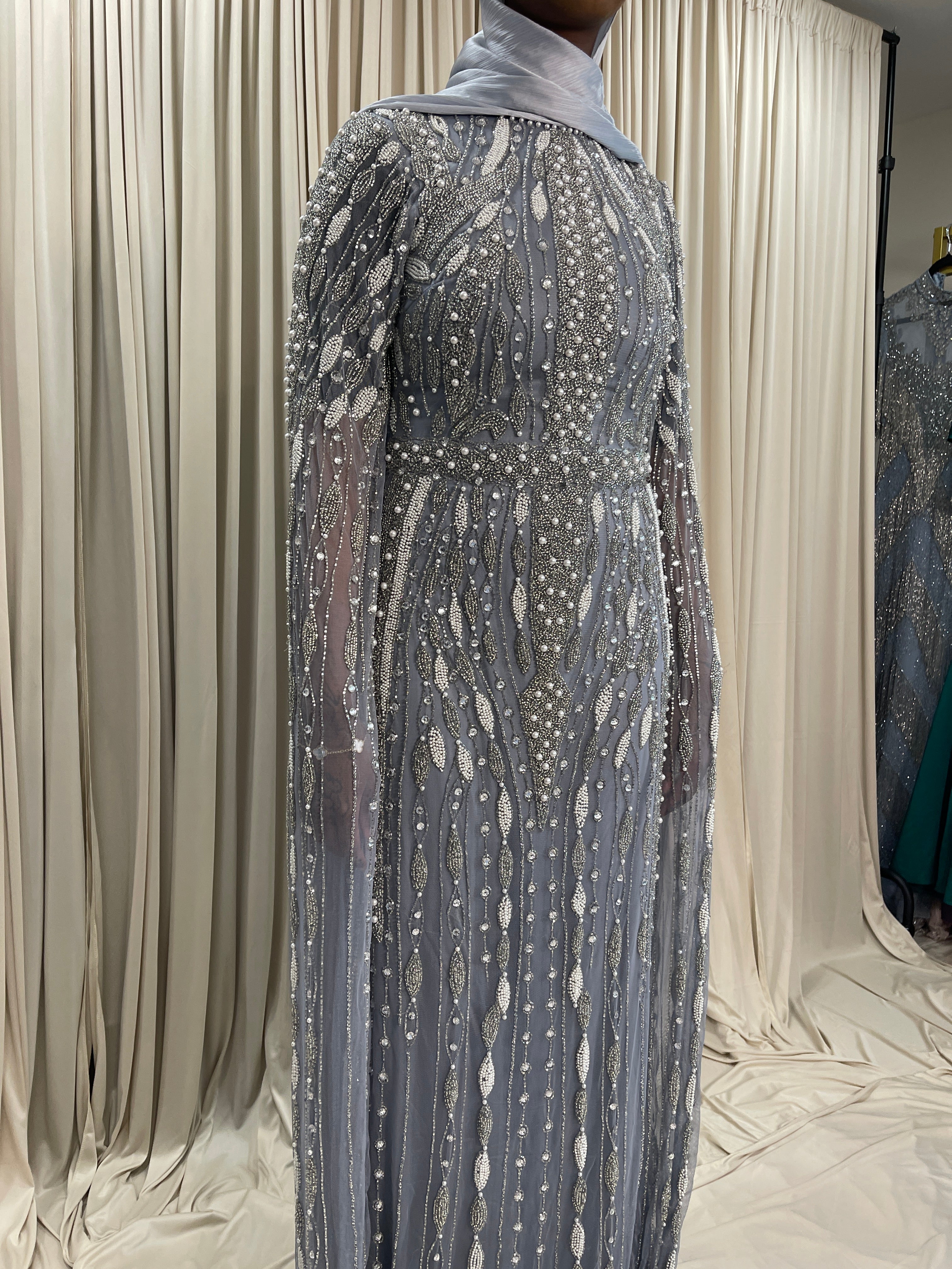 Pearl Hand-Beaded Modest Evening Gown – Silver Gray