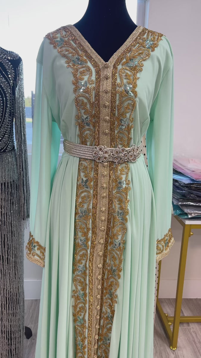 Mint Gold Beaded Modest Dress M