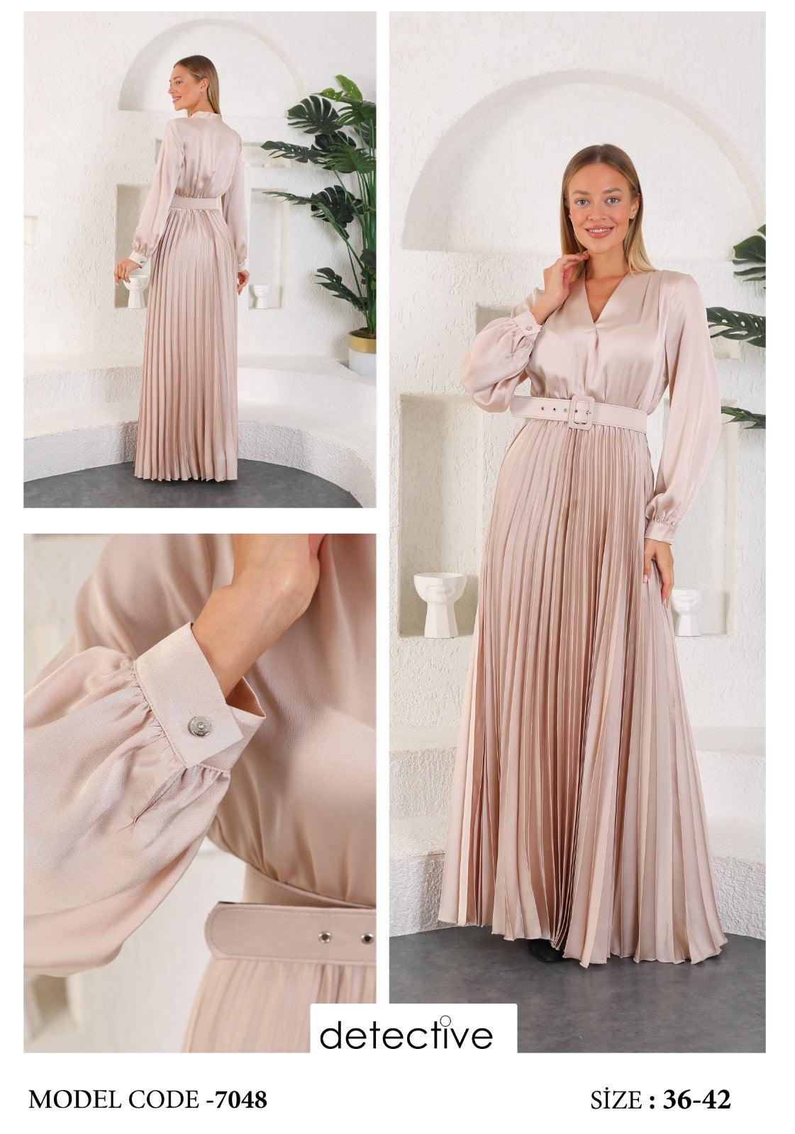 Beautifully Pleated Maxi Dress With Belt & Pin - Asiyah's Collection